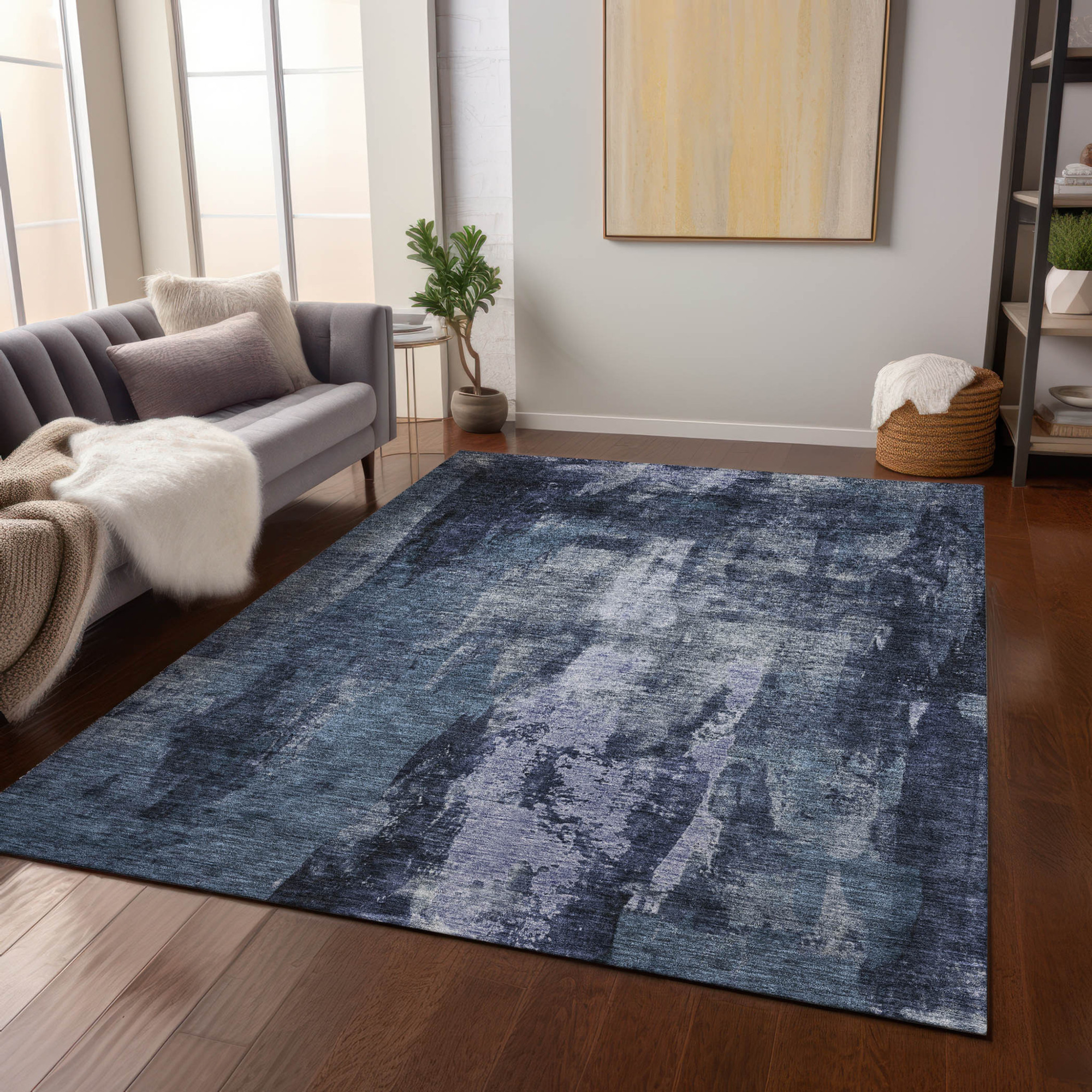 10' X 14' Navy Blue Black And Gray Abstract Washable Indoor Outdoor Area Rug - 1 - Sports & Outdoor