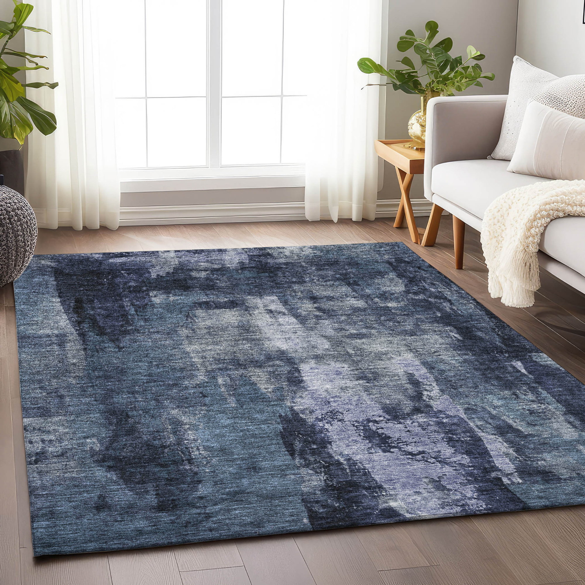 10' X 14' Navy Blue Black And Gray Abstract Washable Indoor Outdoor Area Rug - 1 - Sports & Outdoor