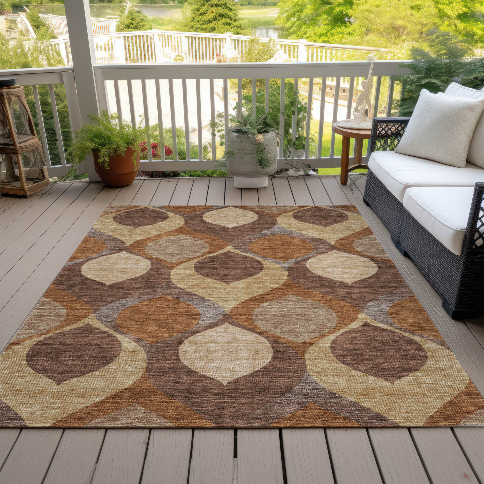 10' X 14' Copper Beige And Taupe Ogee Washable Indoor Outdoor Area Rug - 1 - Sports & Outdoor