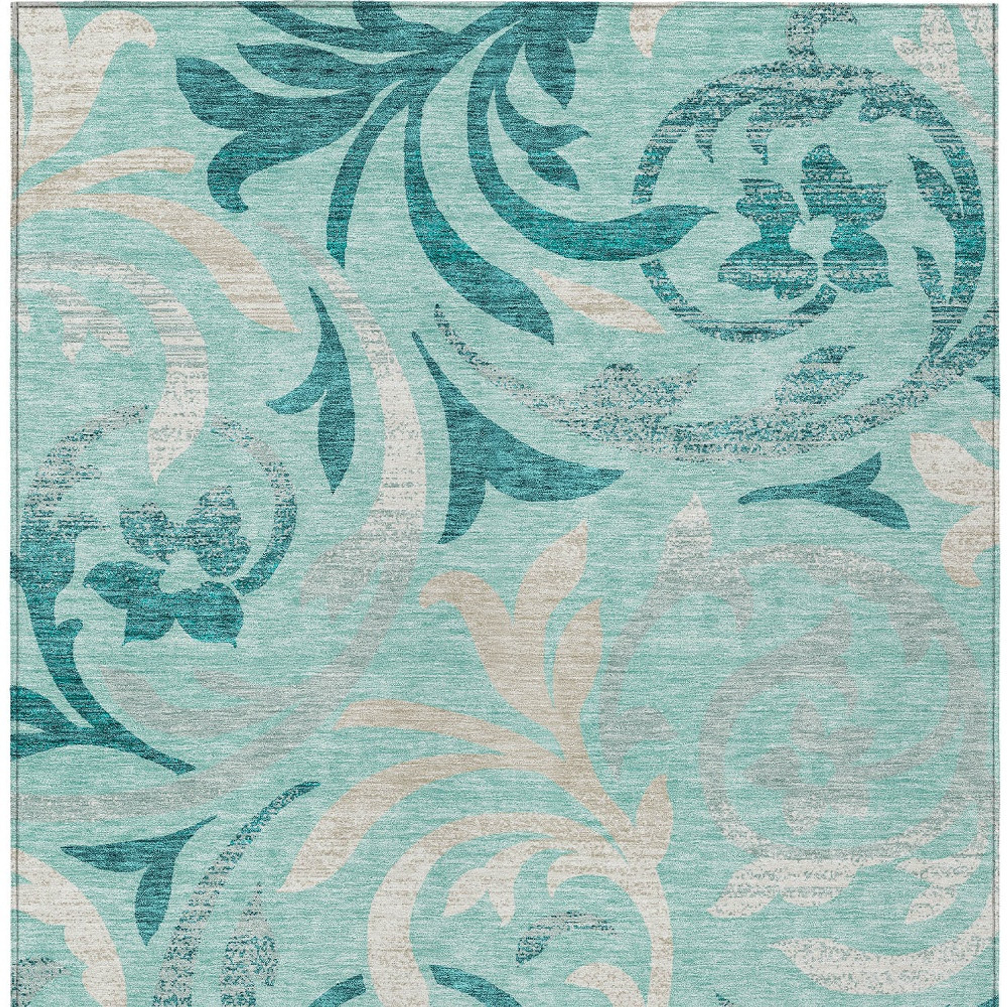 10' X 14' Teal Blue Aqua And Beige Floral Washable Indoor Outdoor Area Rug - 1 - Sports & Outdoor