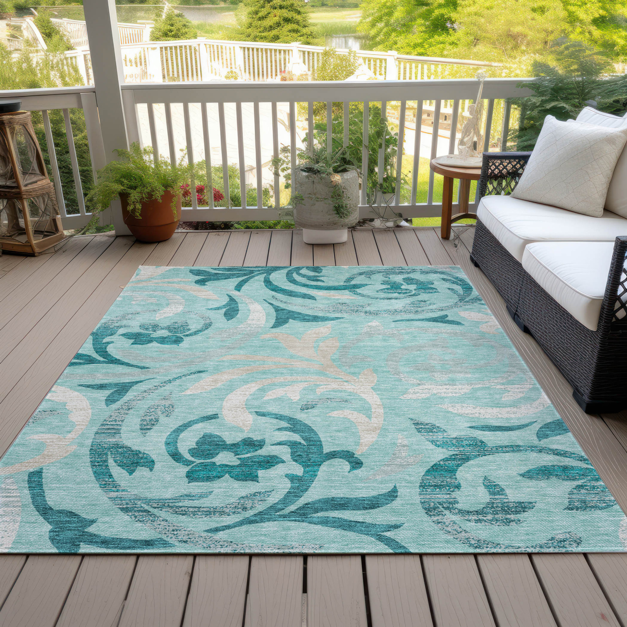 10' X 14' Teal Blue Aqua And Beige Floral Washable Indoor Outdoor Area Rug - 1 - Sports & Outdoor