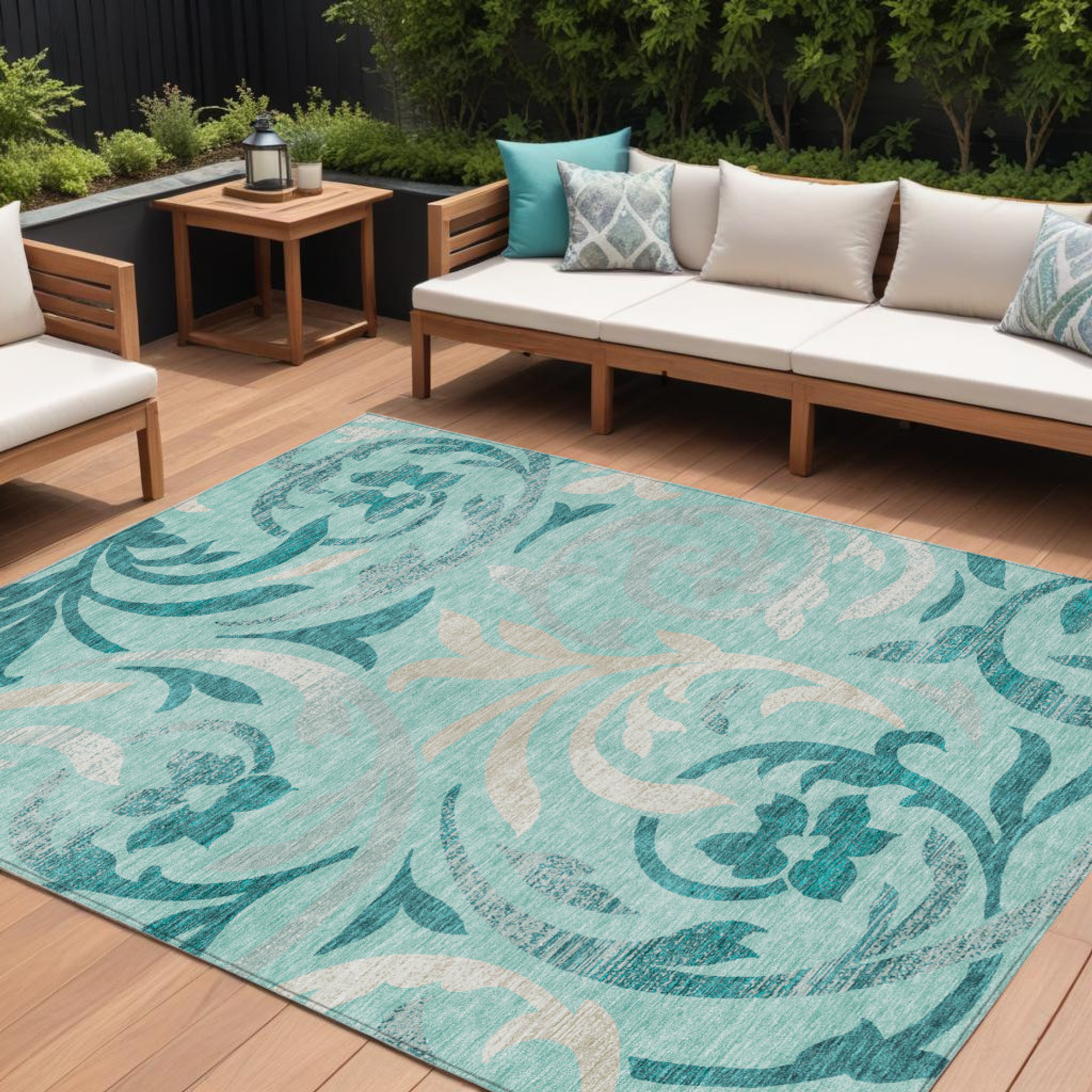 10' X 14' Teal Blue Aqua And Beige Floral Washable Indoor Outdoor Area Rug - 1 - Sports & Outdoor