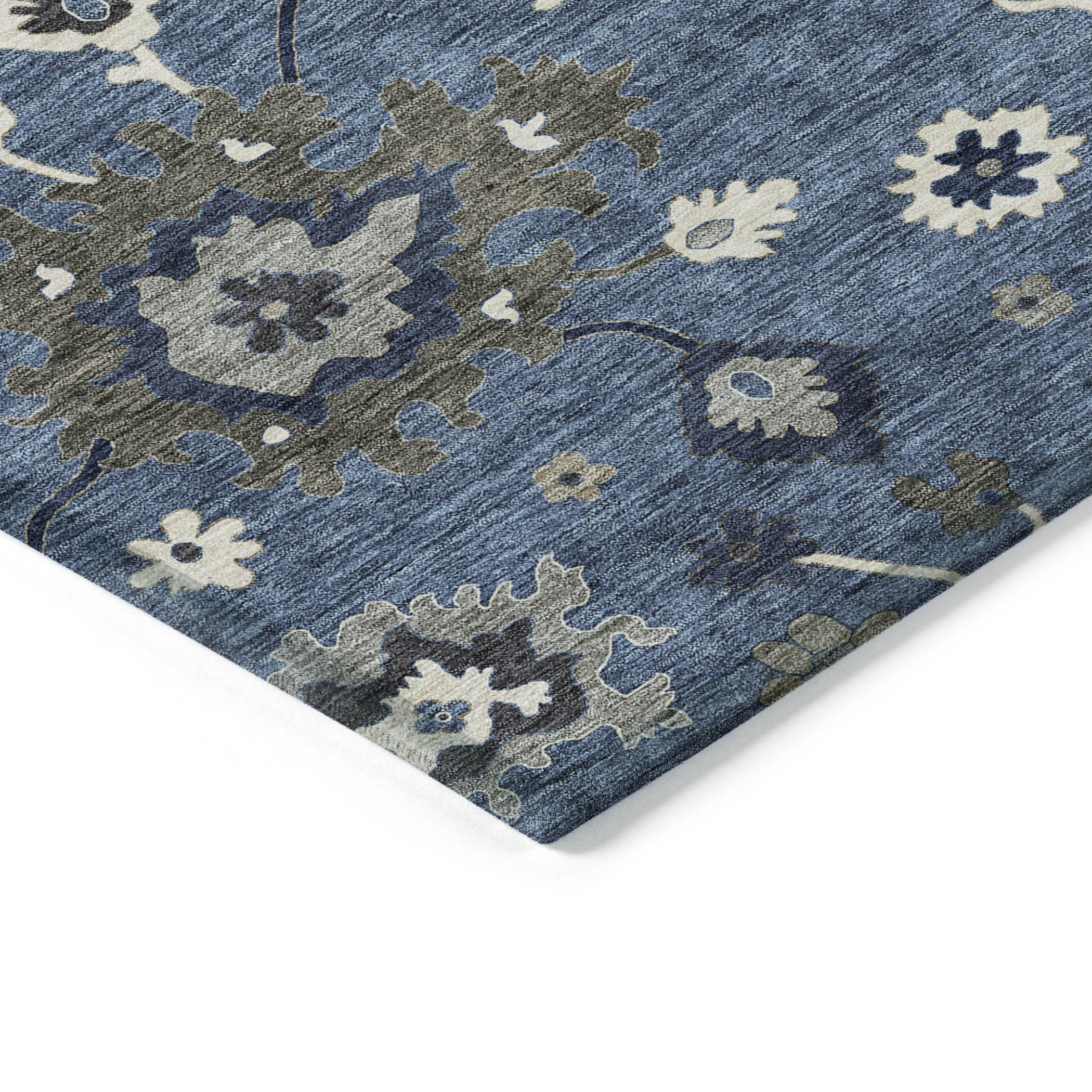 10' X 14' Blue Gray And White Floral Washable Indoor Outdoor Area Rug - 1 - Sports & Outdoor