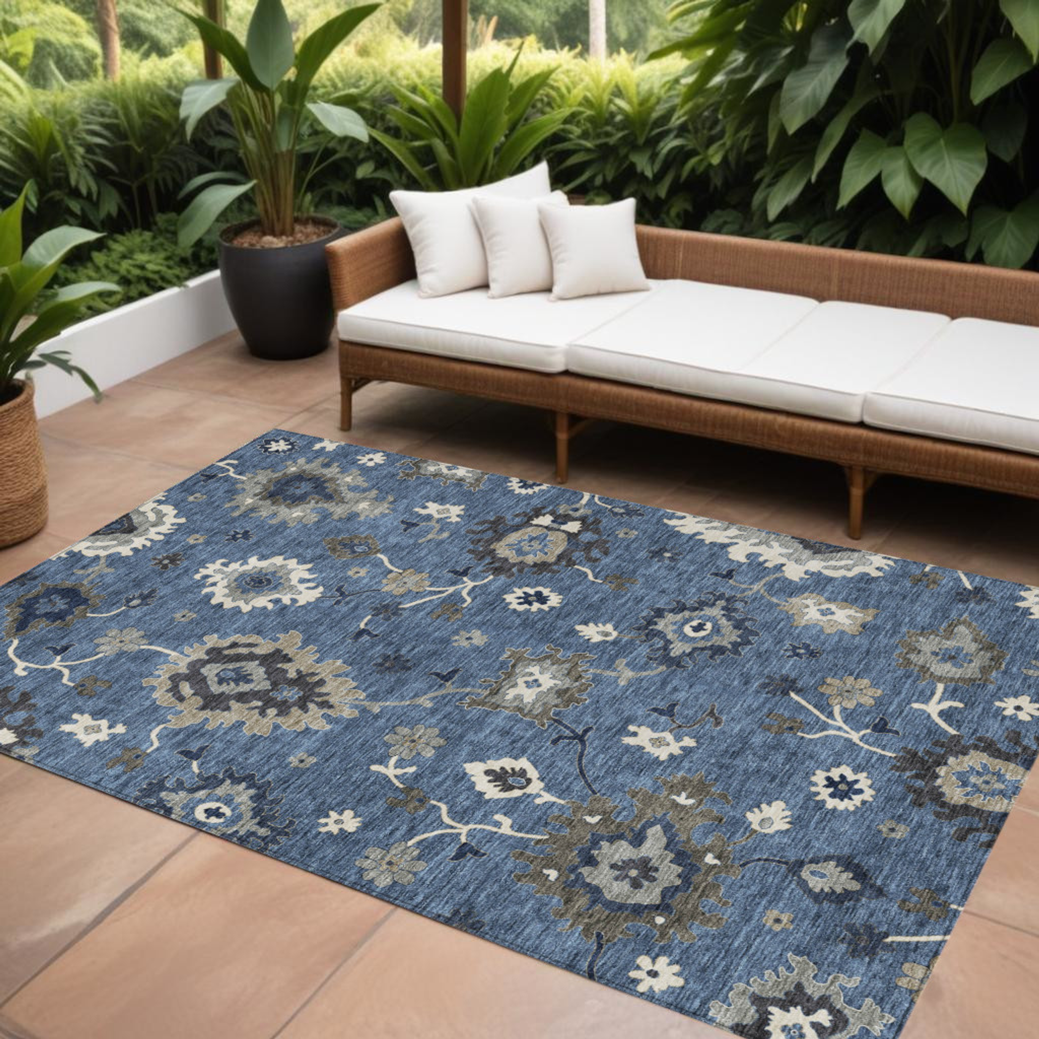 10' X 14' Blue Gray And White Floral Washable Indoor Outdoor Area Rug - 1 - Sports & Outdoor
