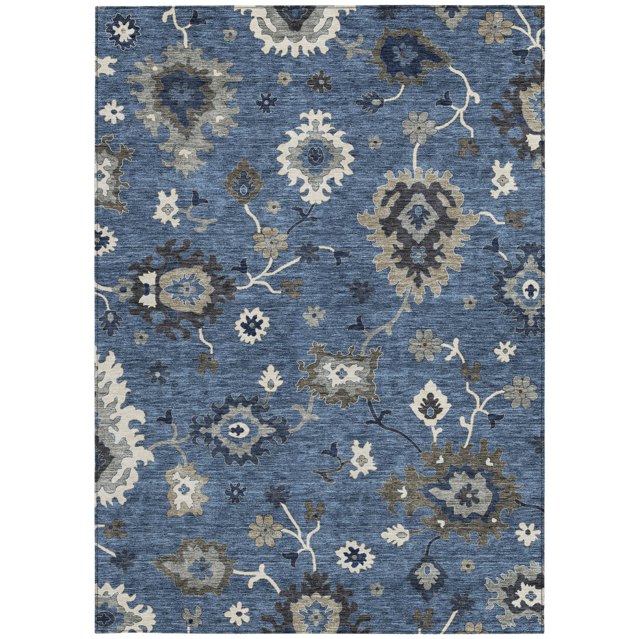10' X 14' Blue Gray And White Floral Washable Indoor Outdoor Area Rug - 1 - Sports & Outdoor