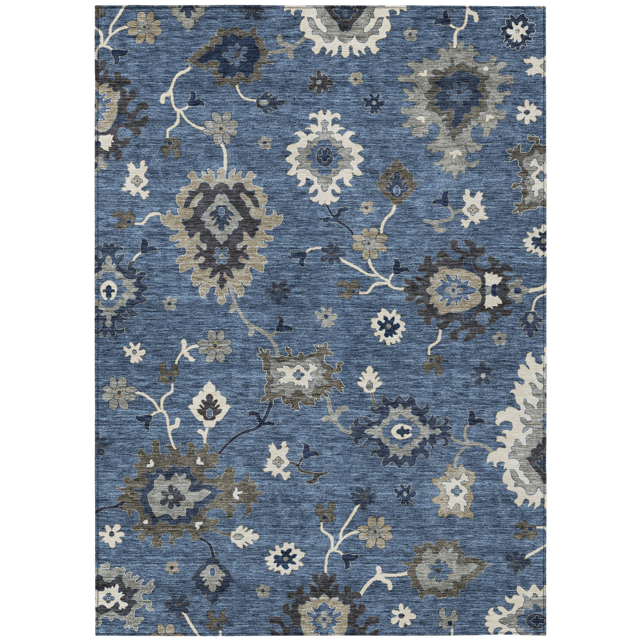 10' X 14' Blue Gray And White Floral Washable Indoor Outdoor Area Rug - 1 - Sports & Outdoor