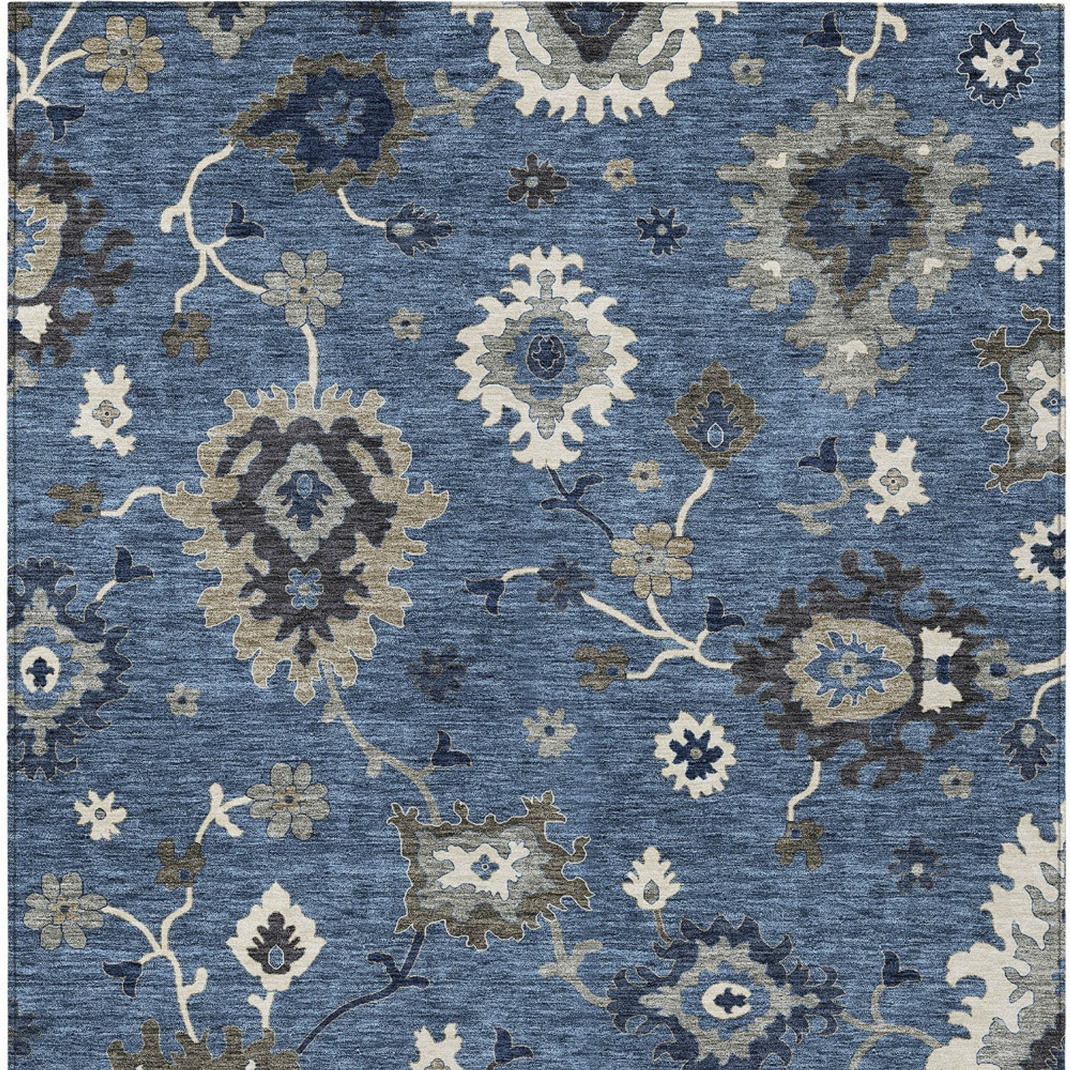 10' X 14' Blue Gray And White Floral Washable Indoor Outdoor Area Rug - 1 - Sports & Outdoor