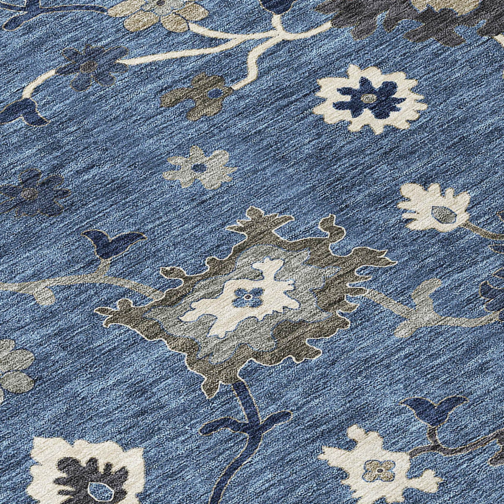 10' X 14' Blue Gray And White Floral Washable Indoor Outdoor Area Rug - 1 - Sports & Outdoor