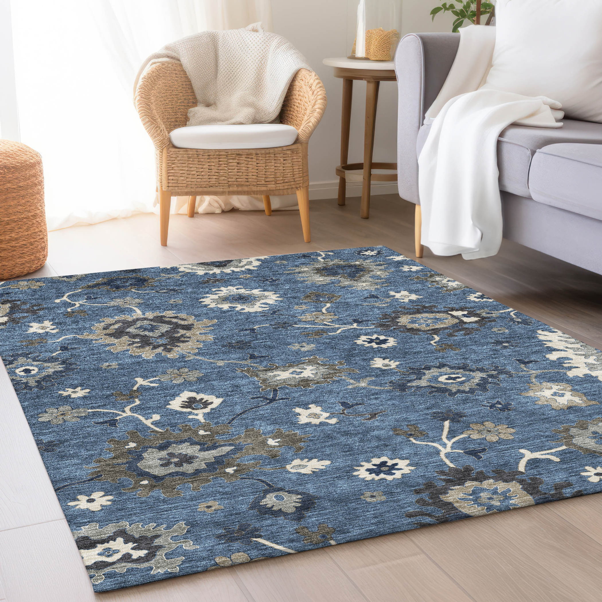 10' X 14' Blue Gray And White Floral Washable Indoor Outdoor Area Rug - 1 - Sports & Outdoor
