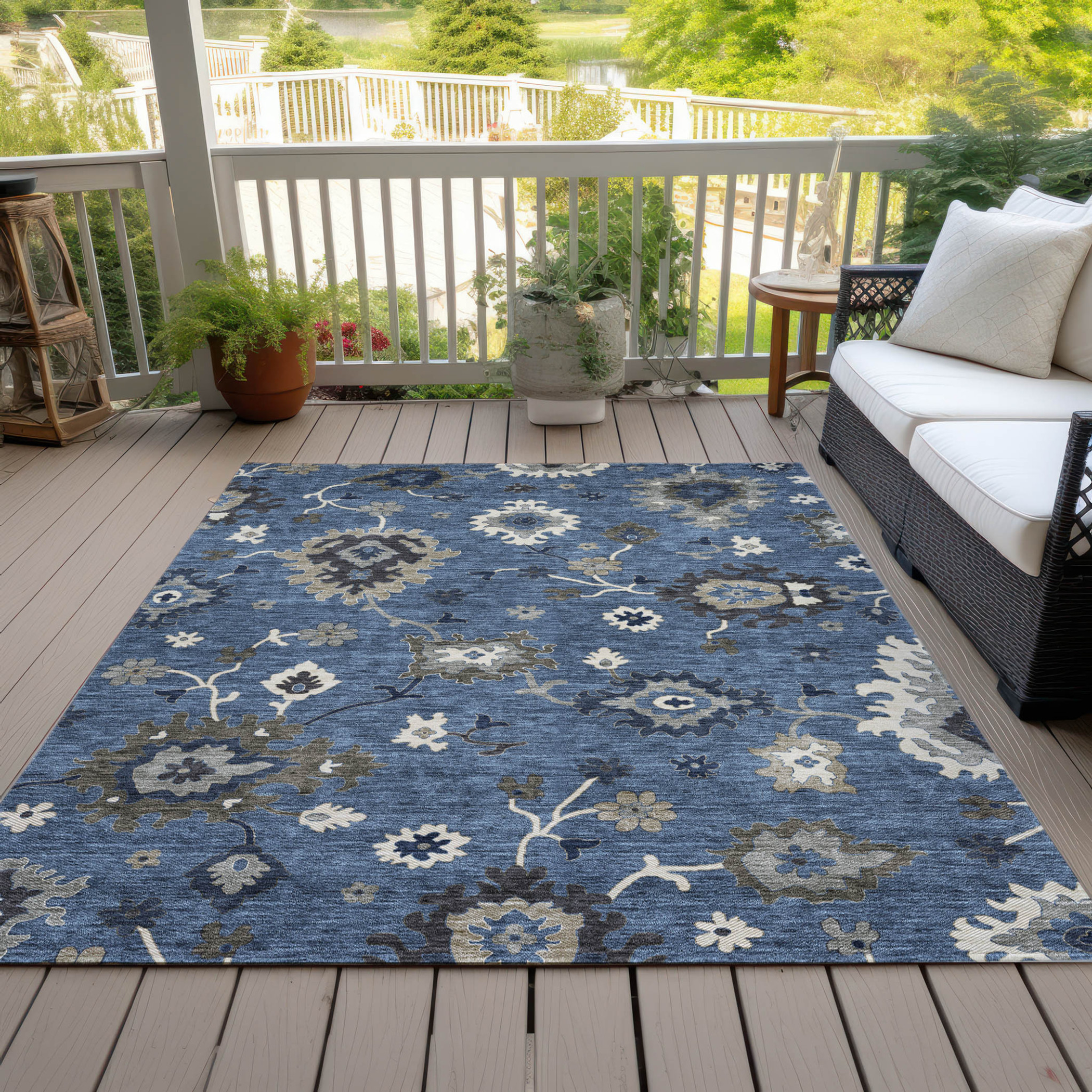 10' X 14' Blue Gray And White Floral Washable Indoor Outdoor Area Rug - 1 - Sports & Outdoor