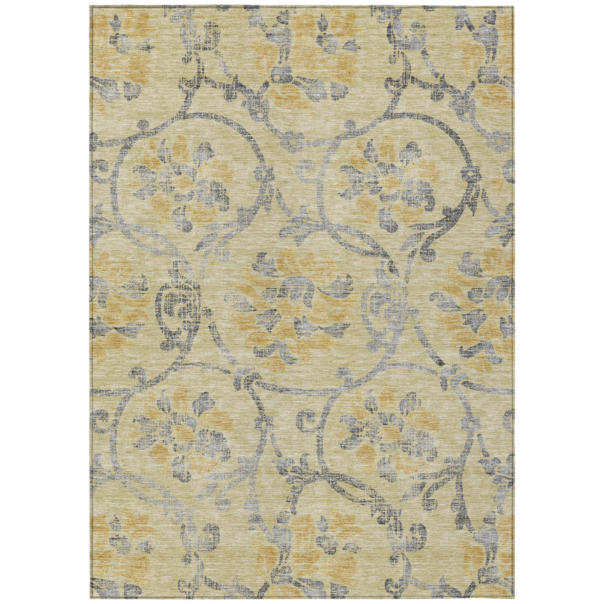 10' X 14' Gold Gray And Charcoal Floral Washable Indoor Outdoor Area Rug - 1 - Sports & Outdoor