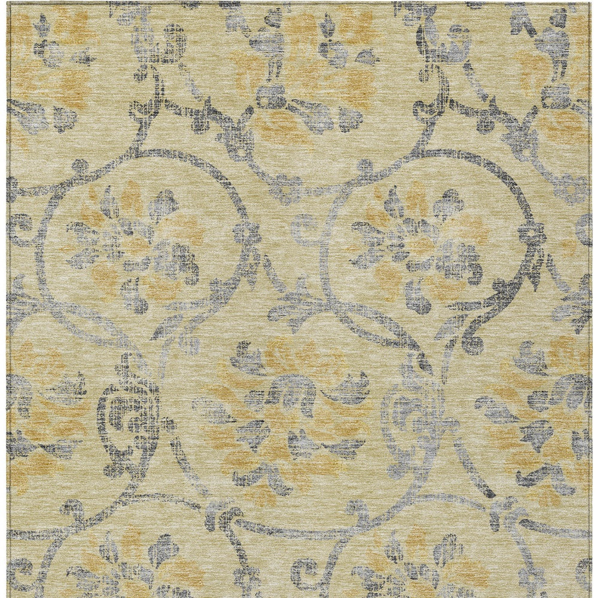 10' X 14' Gold Gray And Charcoal Floral Washable Indoor Outdoor Area Rug - 1 - Sports & Outdoor