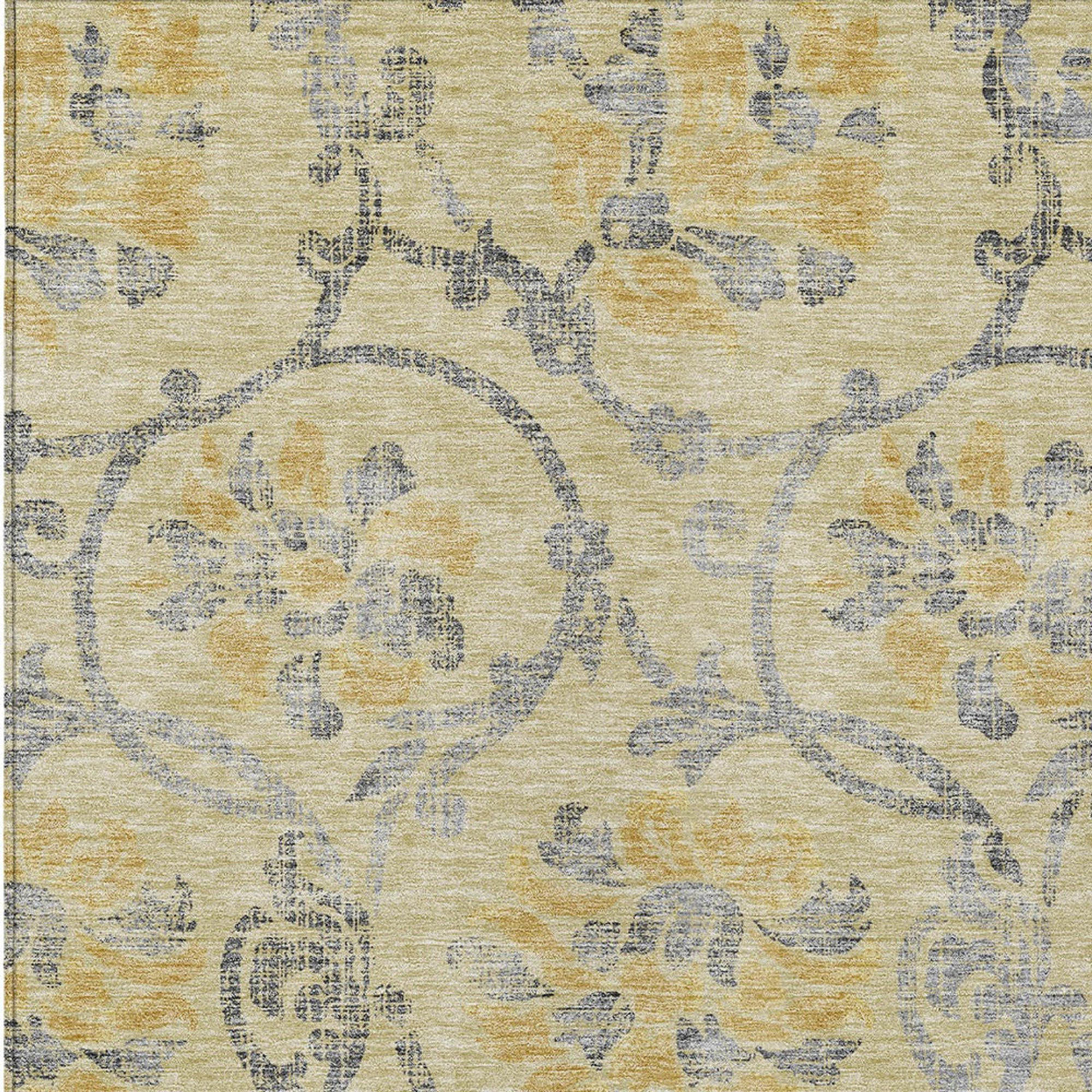 10' X 14' Gold Gray And Charcoal Floral Washable Indoor Outdoor Area Rug - 1 - Sports & Outdoor