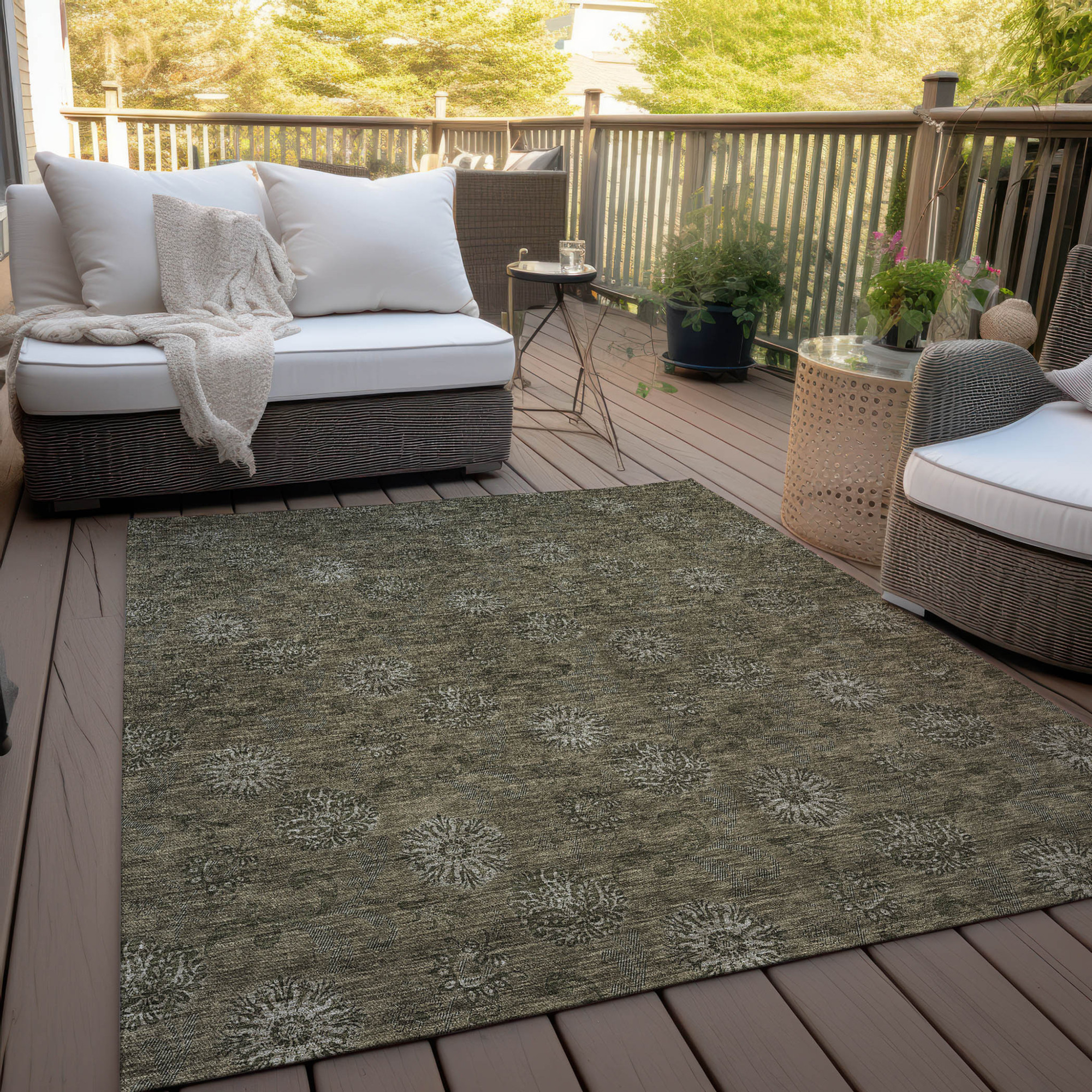 10' X 14' Brown And Beige Floral Washable Indoor Outdoor Area Rug - 1 - Sports & Outdoor