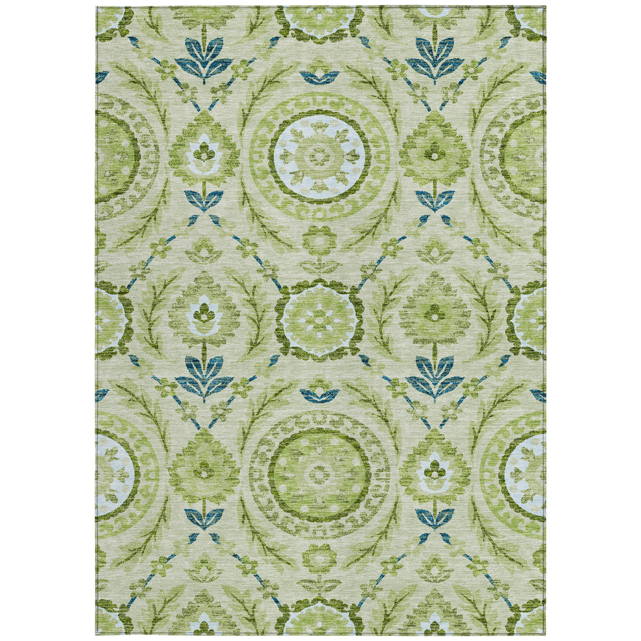 10' X 14' Artichoke Green Olive Green And Blue Floral Washable Indoor Outdoor Area Rug - 1 - Sports & Outdoor