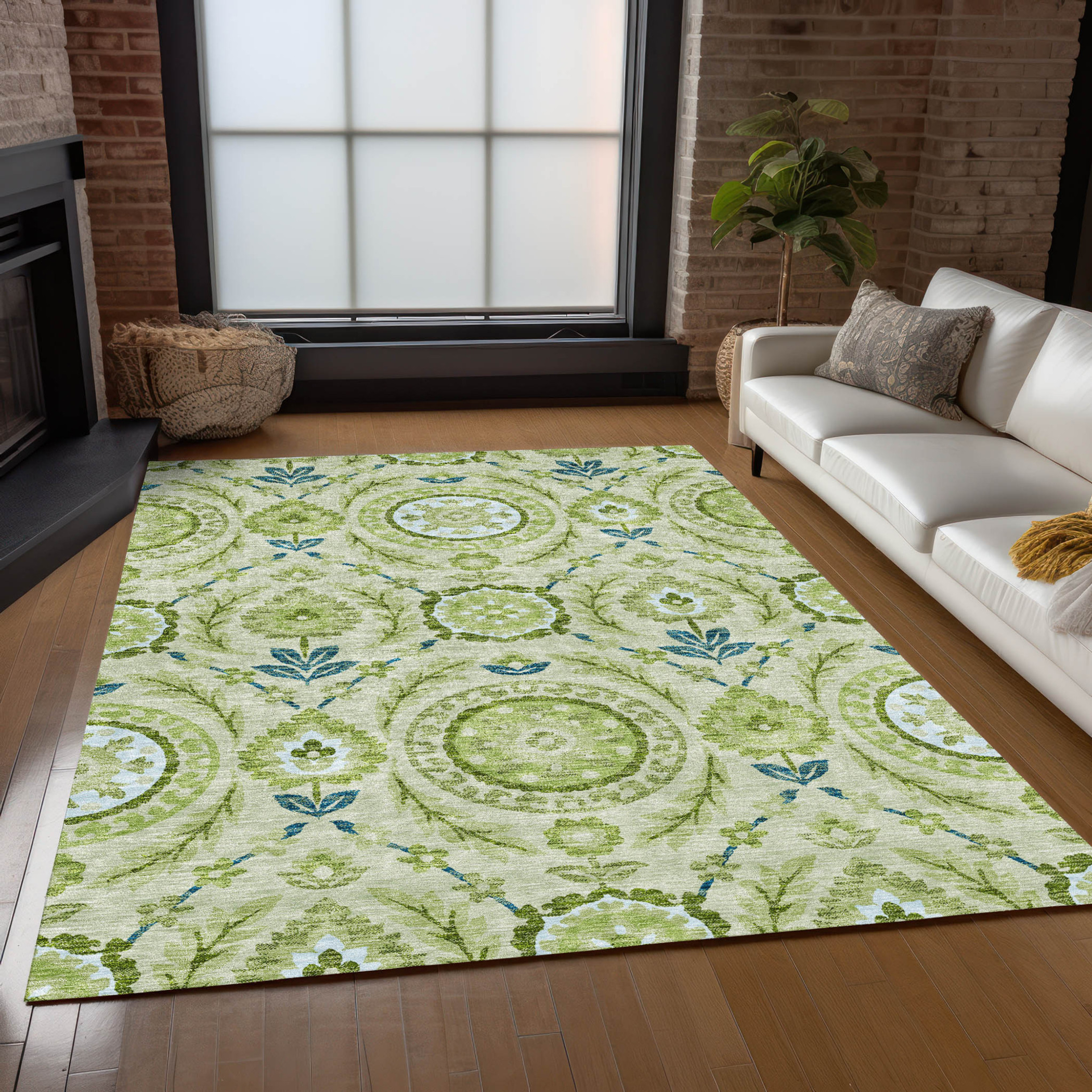 10' X 14' Artichoke Green Olive Green And Blue Floral Washable Indoor Outdoor Area Rug - 1 - Sports & Outdoor