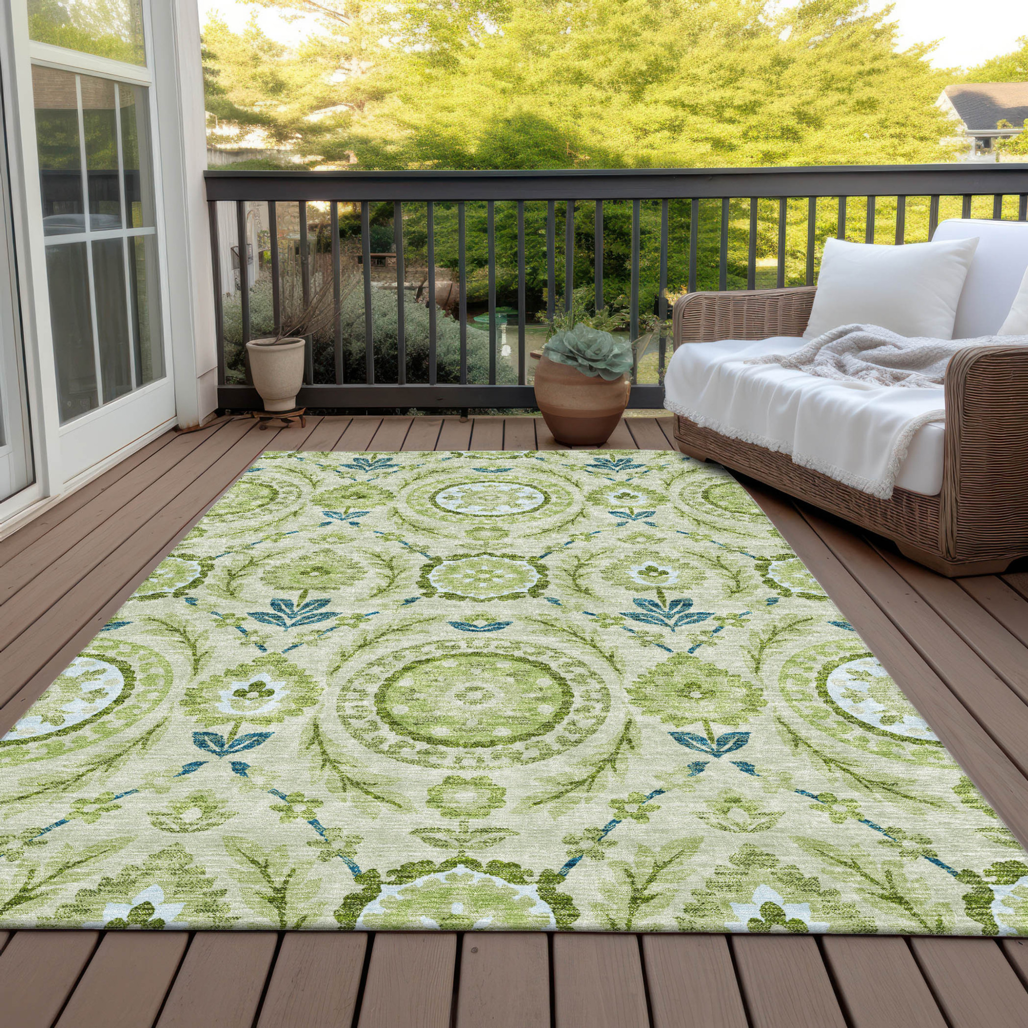 10' X 14' Artichoke Green Olive Green And Blue Floral Washable Indoor Outdoor Area Rug - 1 - Sports & Outdoor