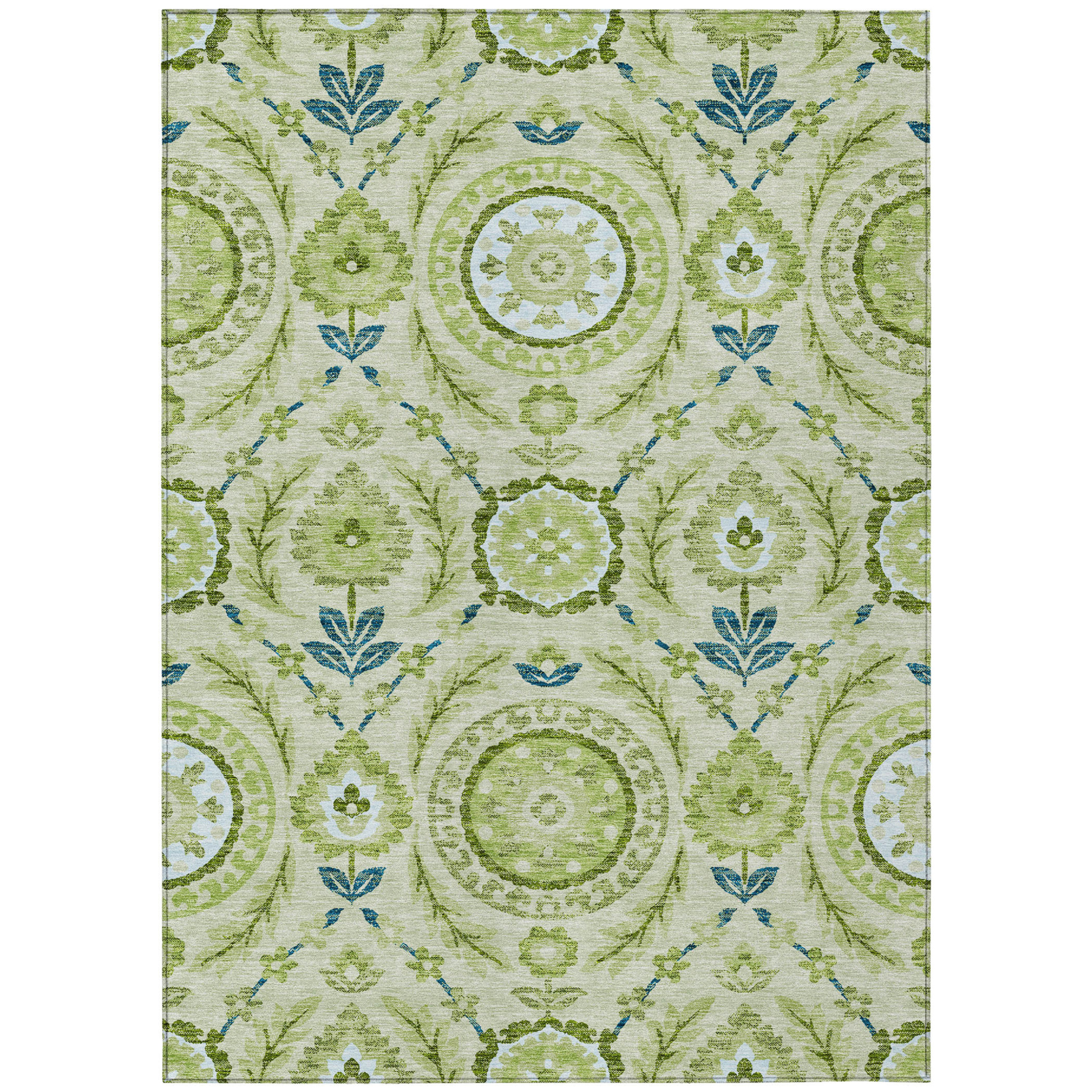 10' X 14' Artichoke Green Olive Green And Blue Floral Washable Indoor Outdoor Area Rug - 1 - Sports & Outdoor