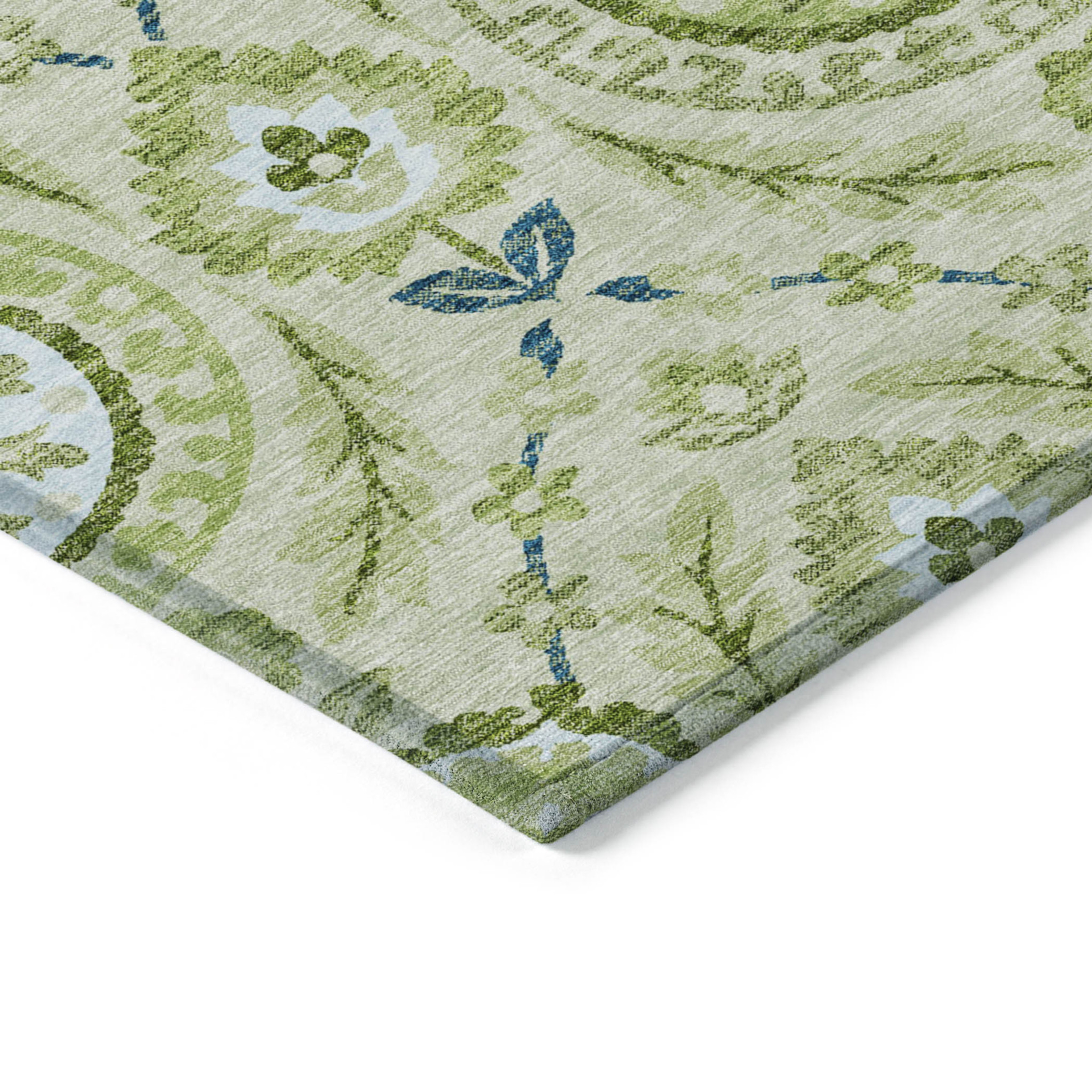 10' X 14' Artichoke Green Olive Green And Blue Floral Washable Indoor Outdoor Area Rug - 1 - Sports & Outdoor