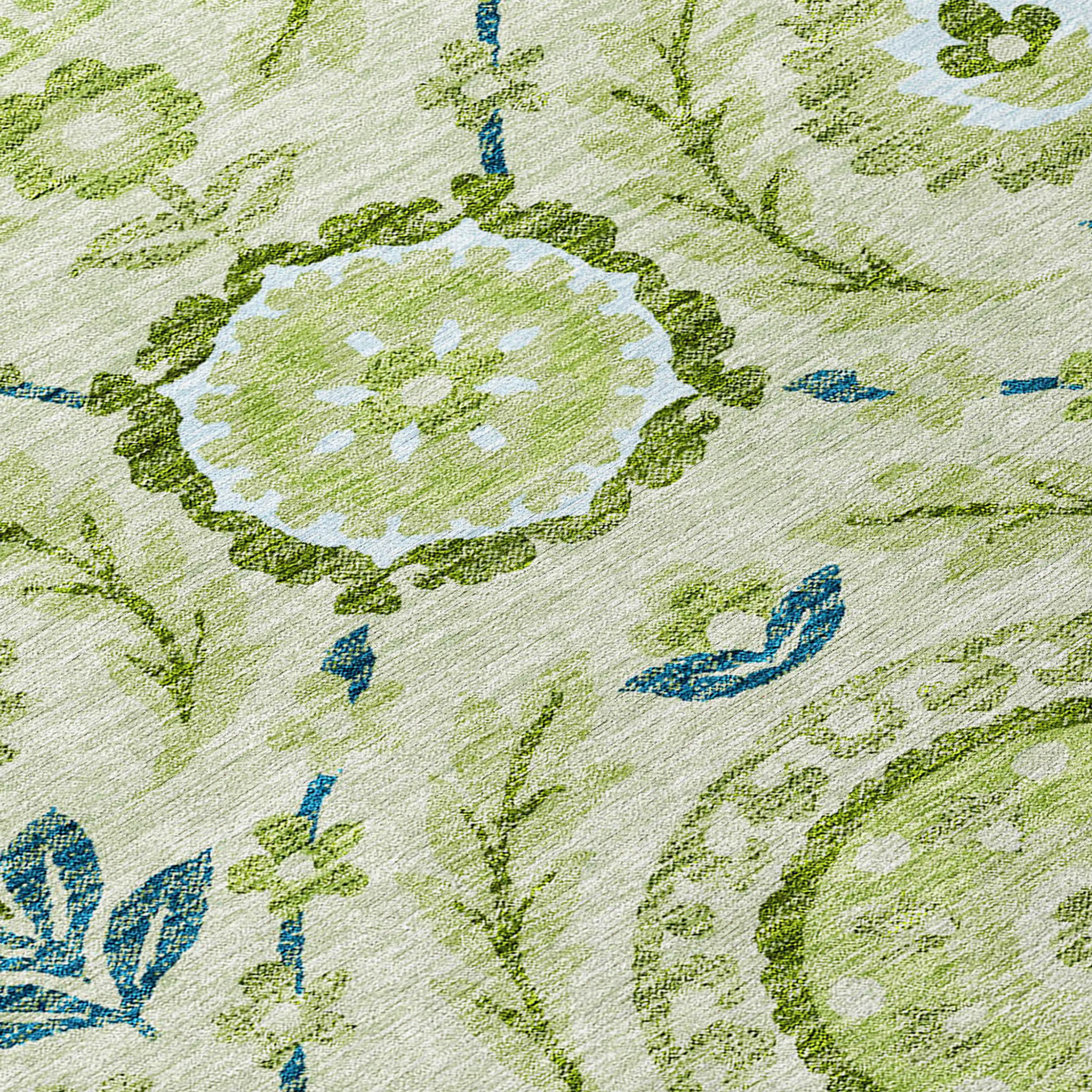 10' X 14' Artichoke Green Olive Green And Blue Floral Washable Indoor Outdoor Area Rug - 1 - Sports & Outdoor