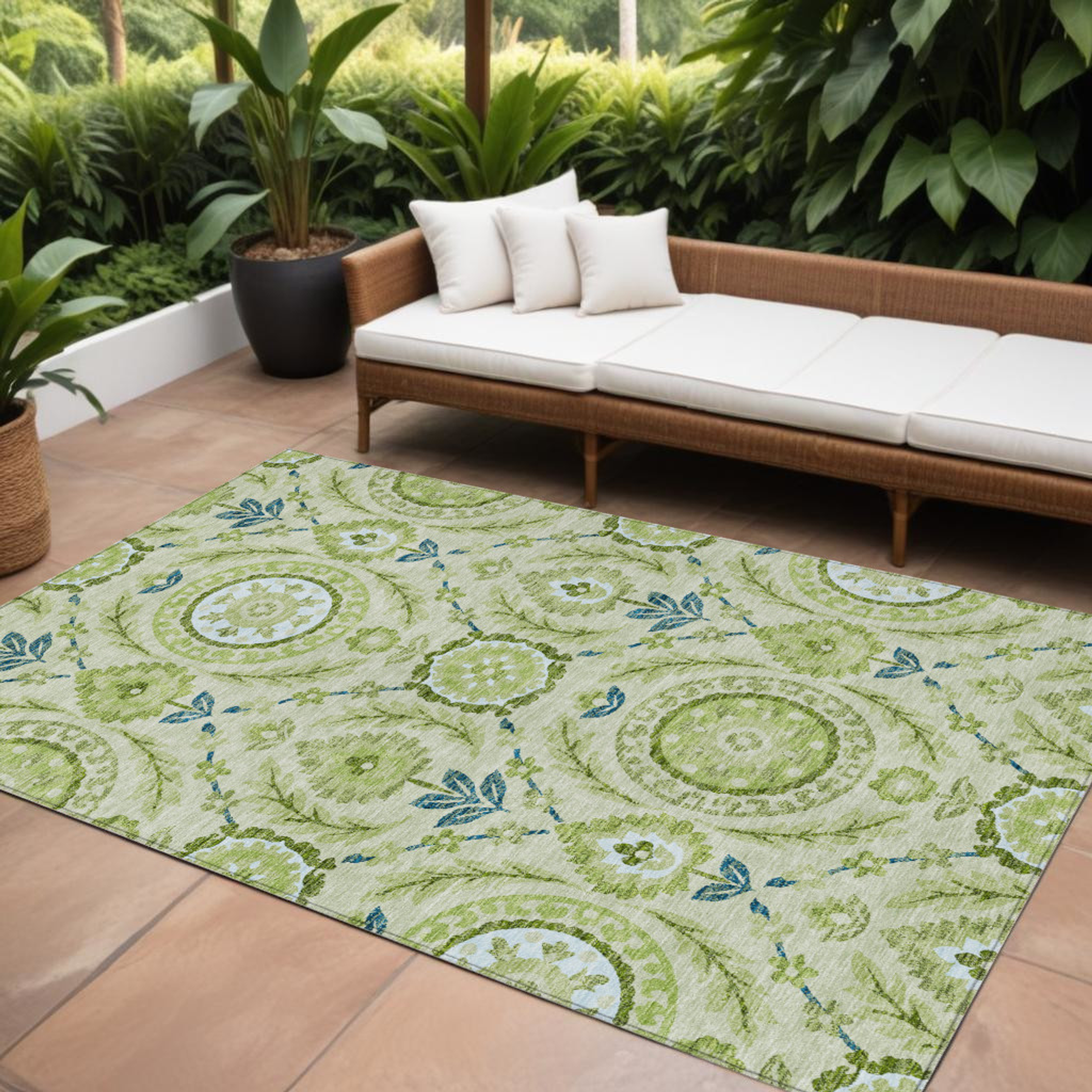 10' X 14' Artichoke Green Olive Green And Blue Floral Washable Indoor Outdoor Area Rug - 1 - Sports & Outdoor