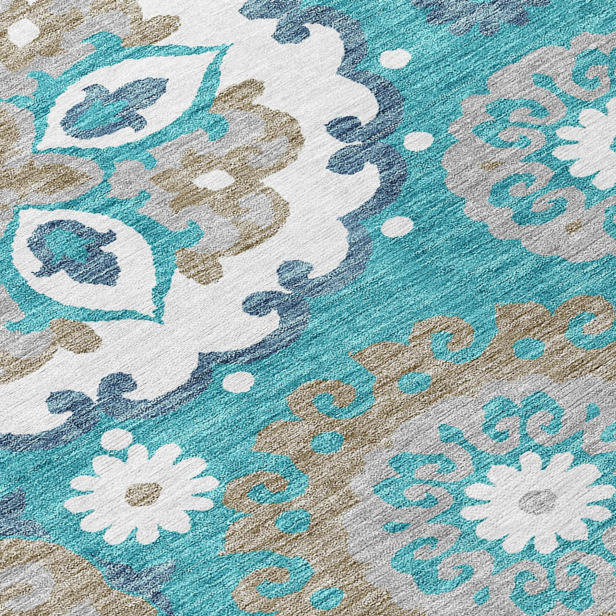 10' X 14' Teal Blue Taupe And Gray Floral Medallion Washable Indoor Outdoor Area Rug - 1 - Sports & Outdoor