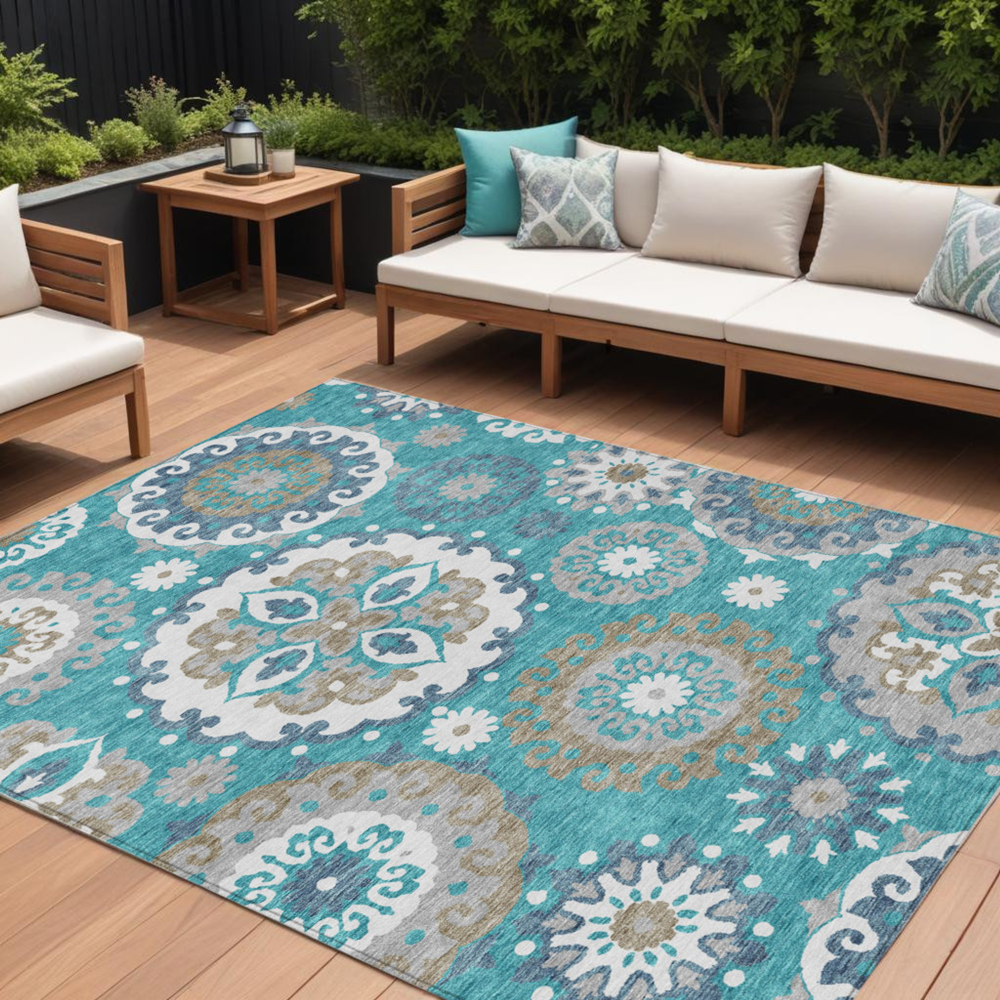 10' X 14' Teal Blue Taupe And Gray Floral Medallion Washable Indoor Outdoor Area Rug - 1 - Sports & Outdoor