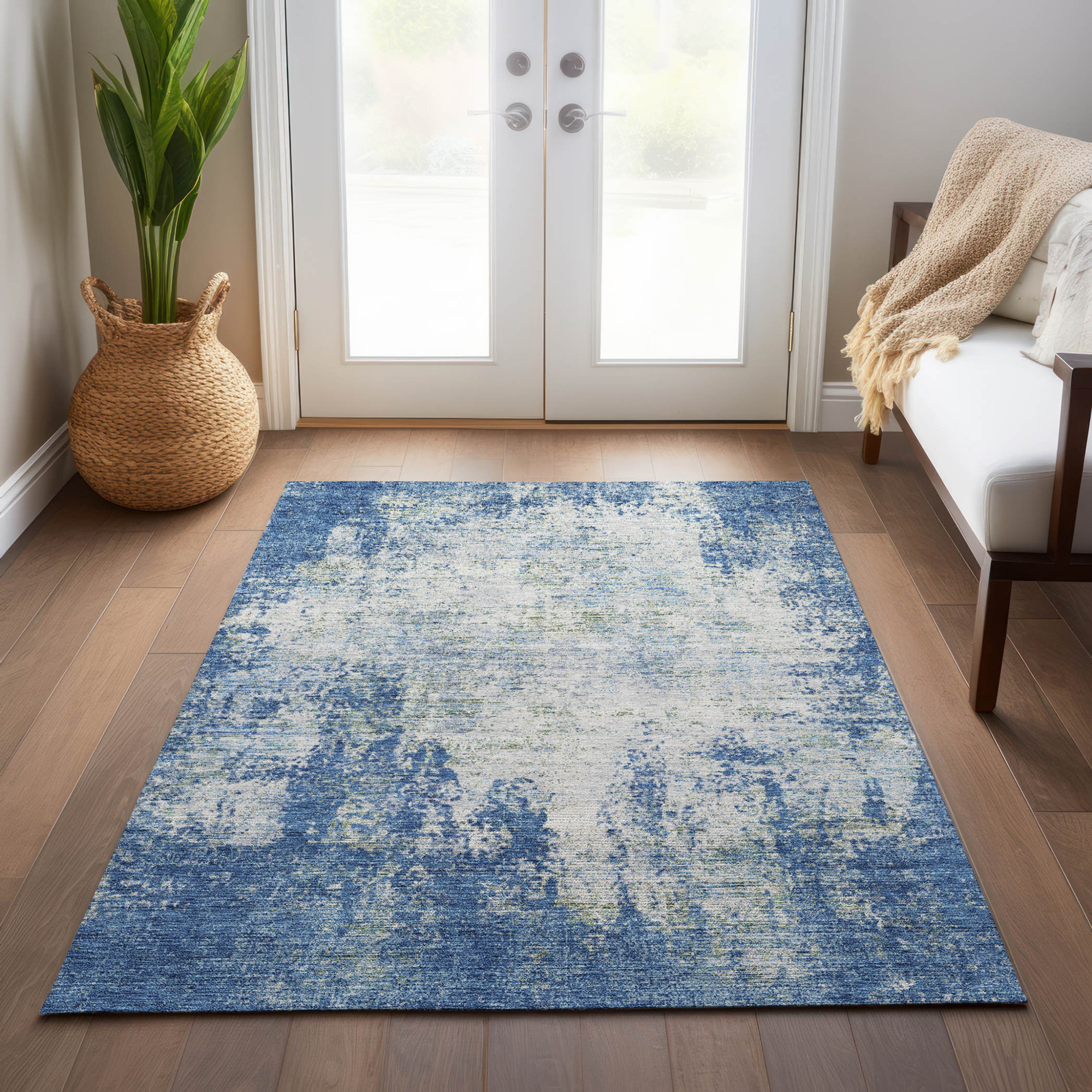 10' X 14' Denim Blue And Ivory Abstract Washable Indoor Outdoor Area Rug - 1 - Sports & Outdoor