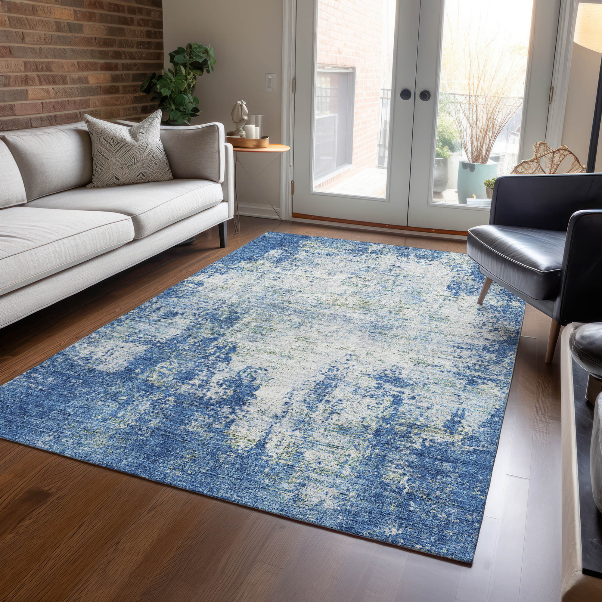 10' X 14' Denim Blue And Ivory Abstract Washable Indoor Outdoor Area Rug - 1 - Sports & Outdoor