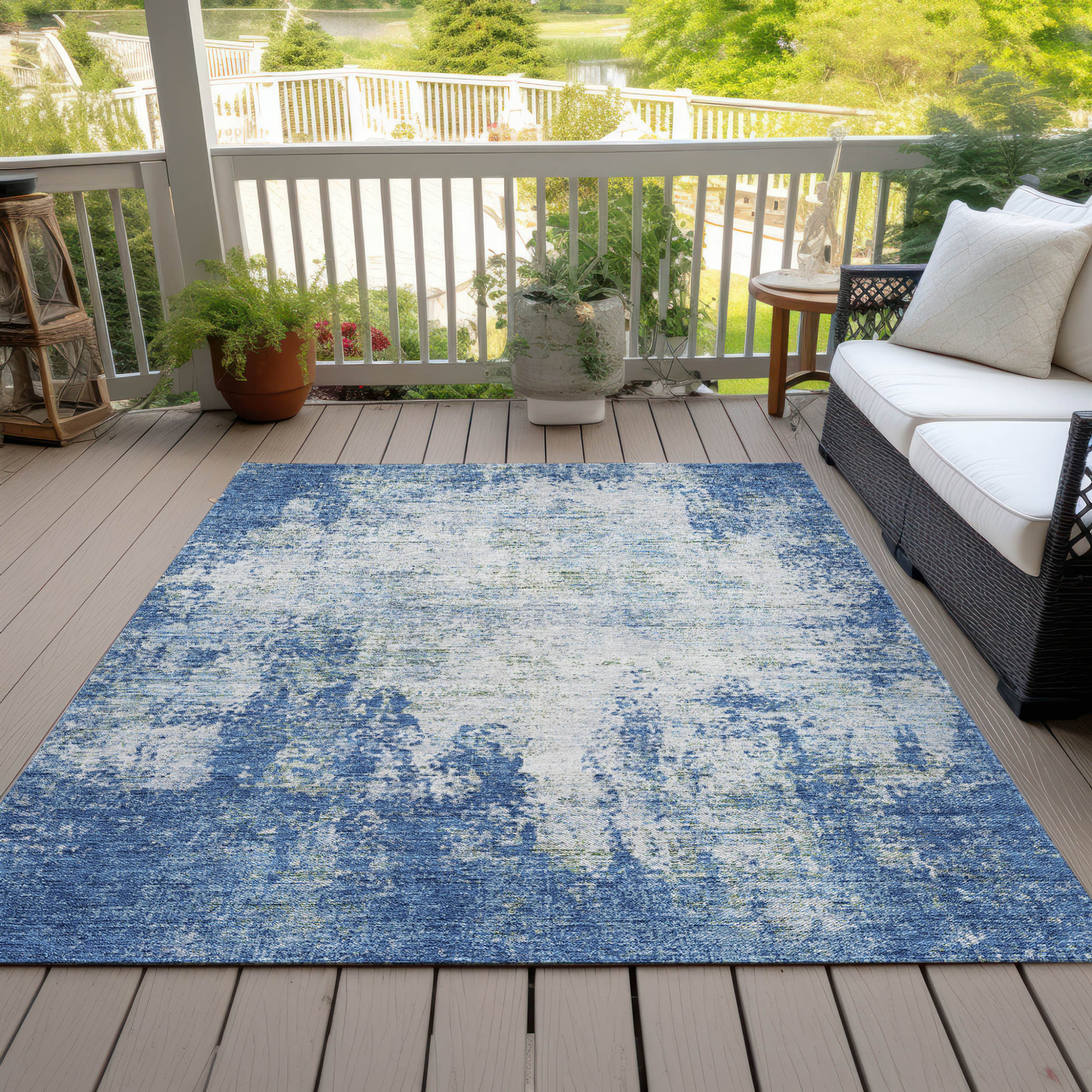 10' X 14' Denim Blue And Ivory Abstract Washable Indoor Outdoor Area Rug - 1 - Sports & Outdoor