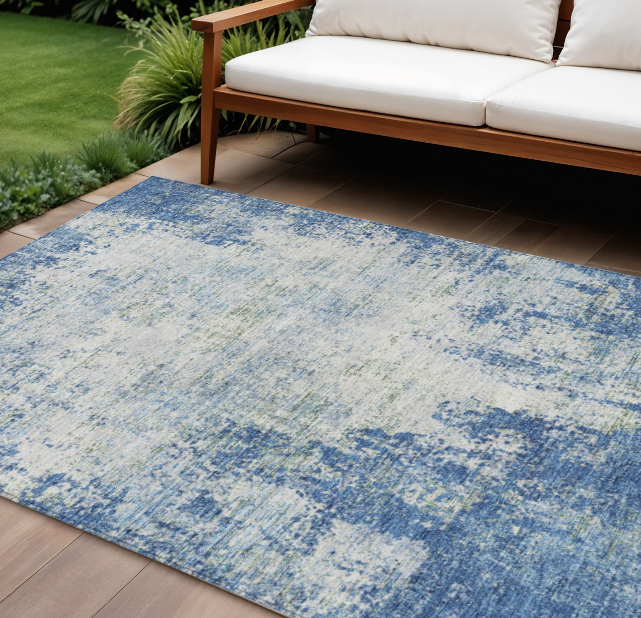 10' X 14' Denim Blue And Ivory Abstract Washable Indoor Outdoor Area Rug - 1 - Sports & Outdoor