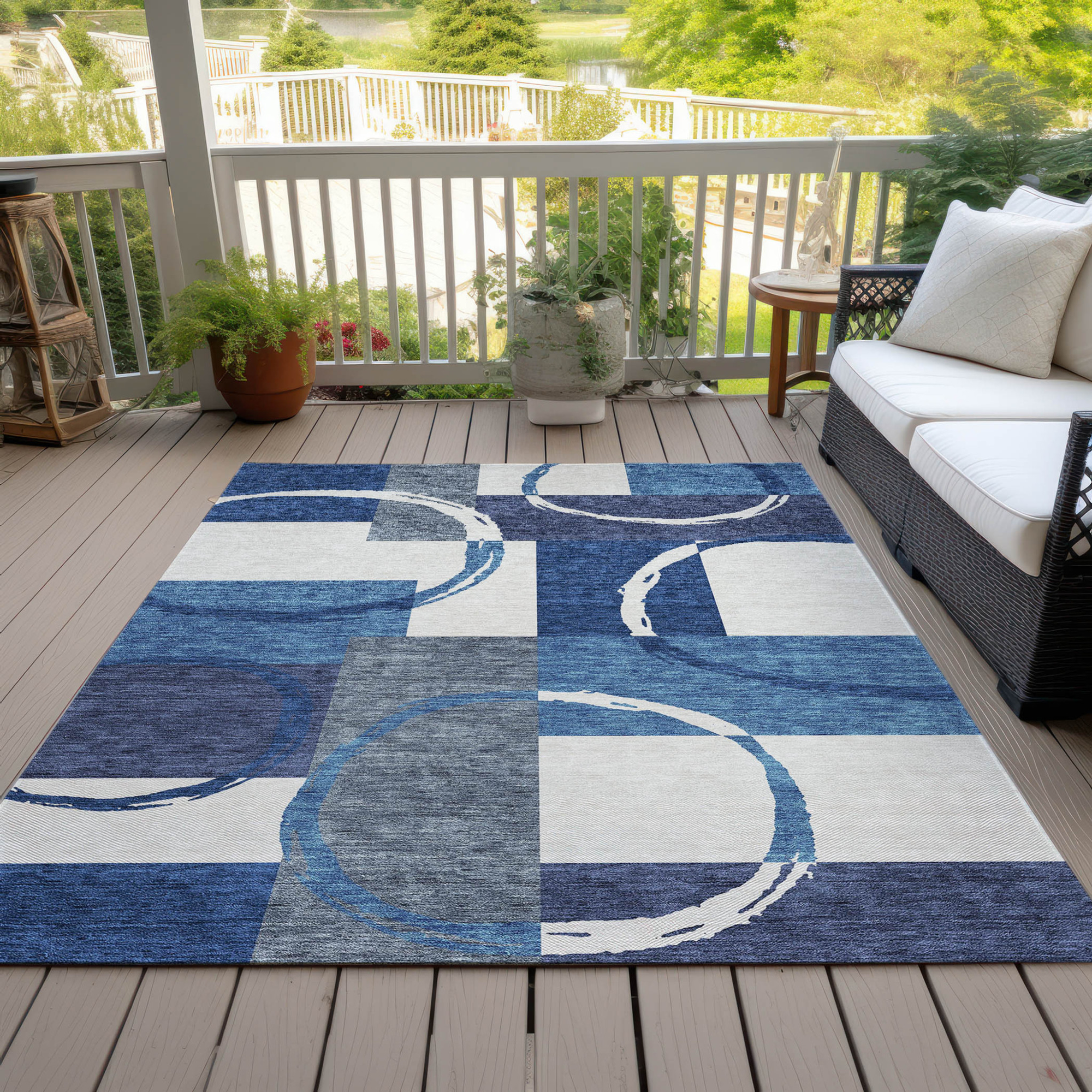 10' X 14' Blue And Ivory Geometric Washable Indoor Outdoor Area Rug - 1 - Sports & Outdoor