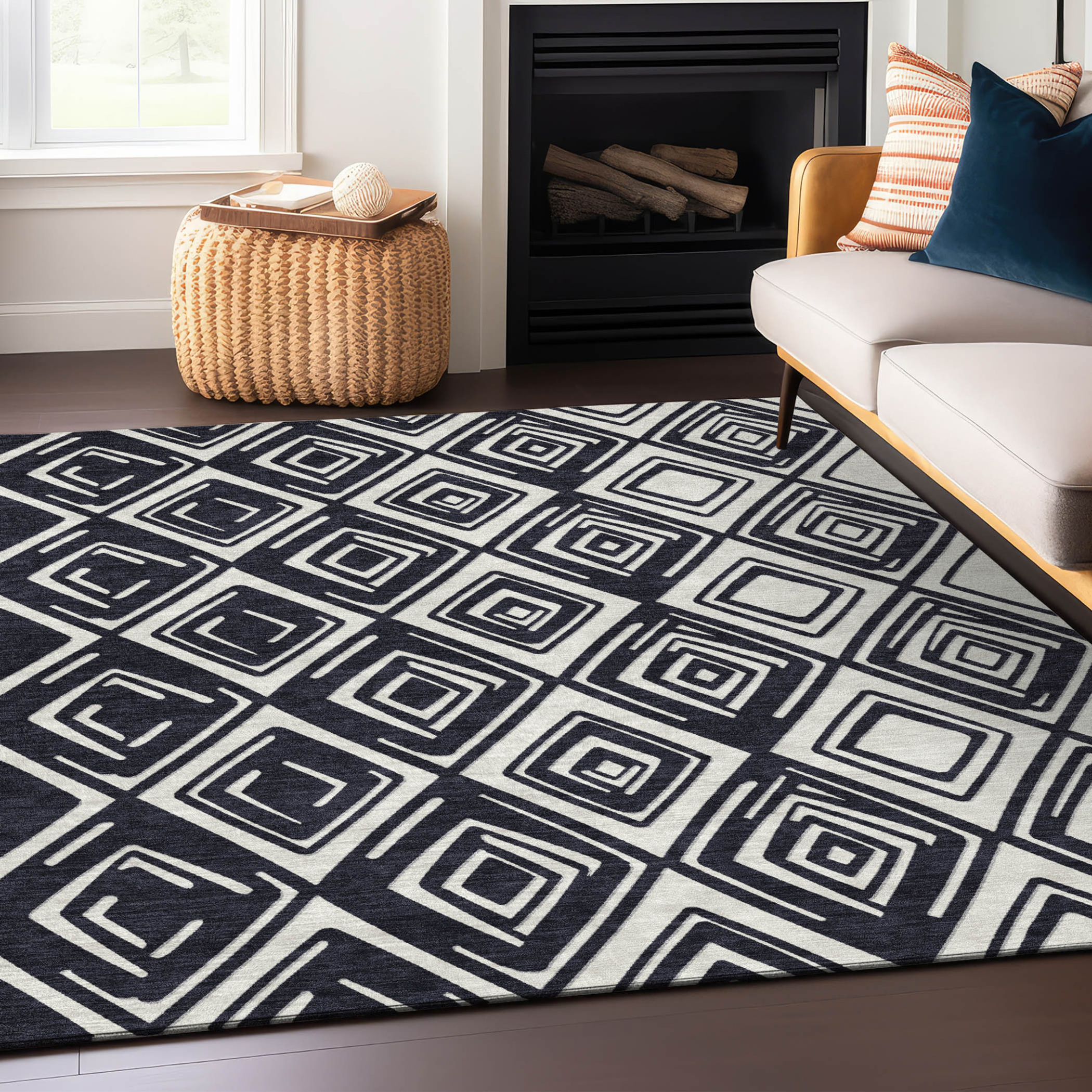 10' X 14' Black And Ivory Geometric Washable Indoor Outdoor Area Rug - 1 - Sports & Outdoor