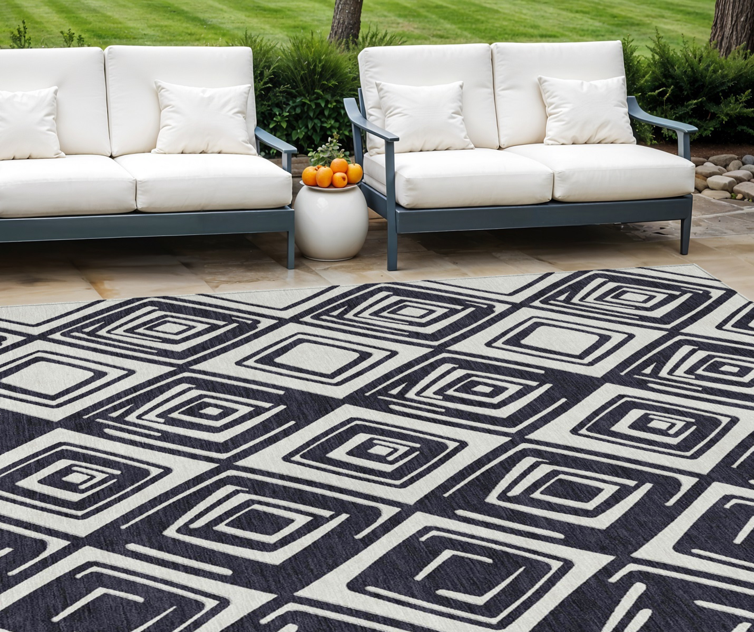 10' X 14' Black And Ivory Geometric Washable Indoor Outdoor Area Rug - 1 - Sports & Outdoor