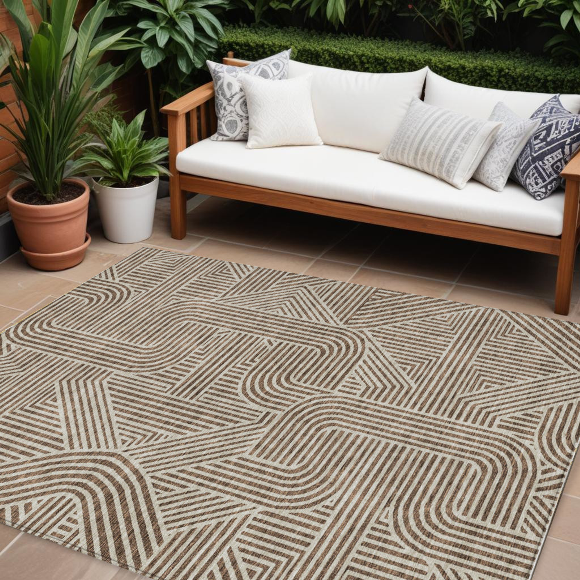 10' X 14' Brown And Beige Abstract Washable Indoor Outdoor Area Rug - 1 - Sports & Outdoor