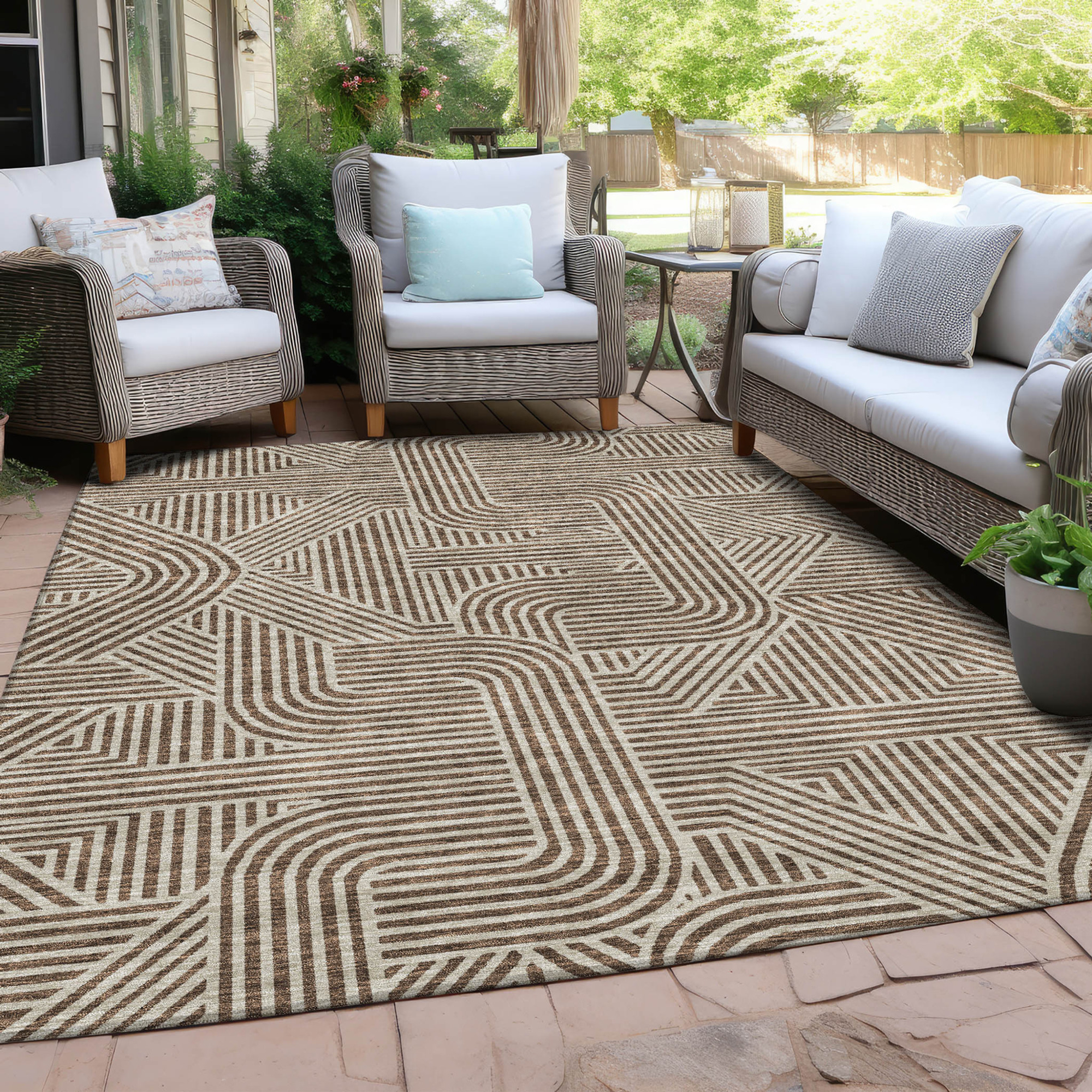10' X 14' Brown And Beige Abstract Washable Indoor Outdoor Area Rug - 1 - Sports & Outdoor