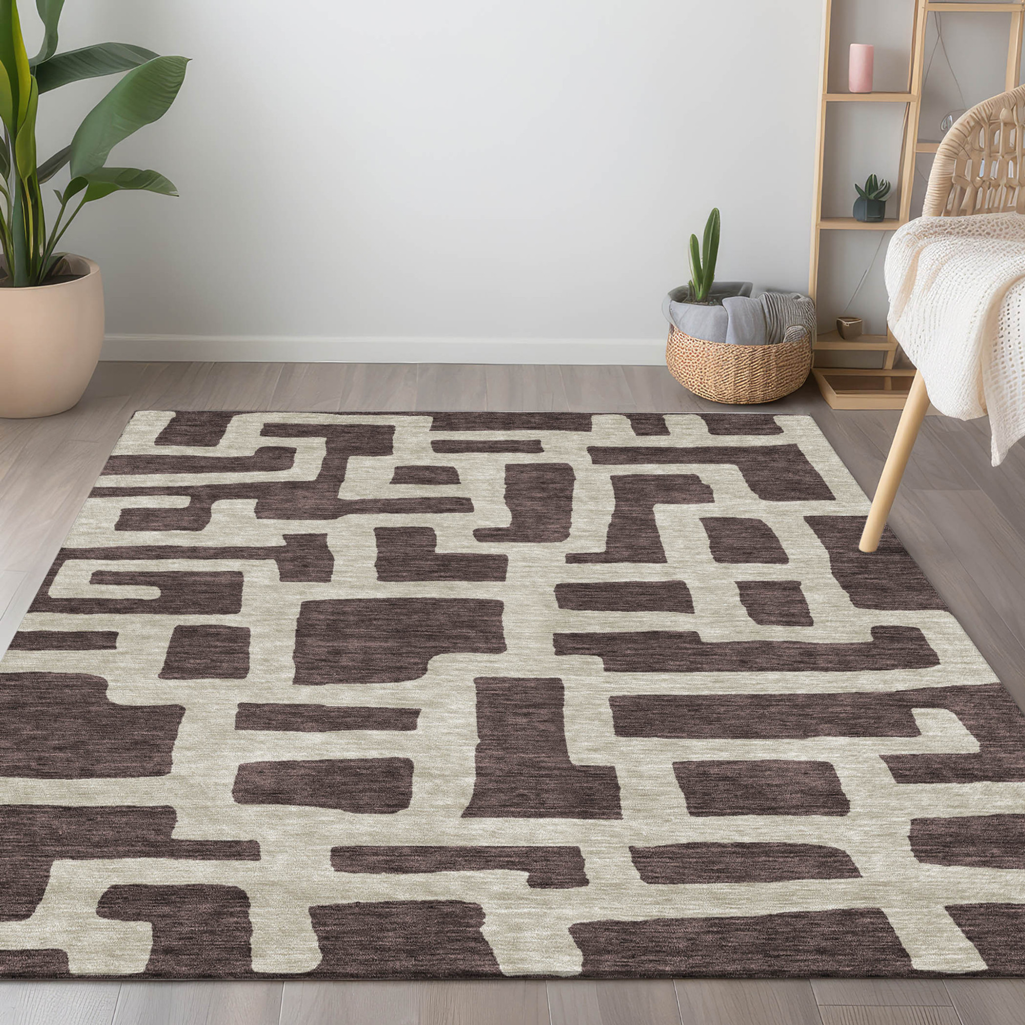 10' X 14' Brown And Beige Abstract Washable Indoor Outdoor Area Rug - 1 - Sports & Outdoor