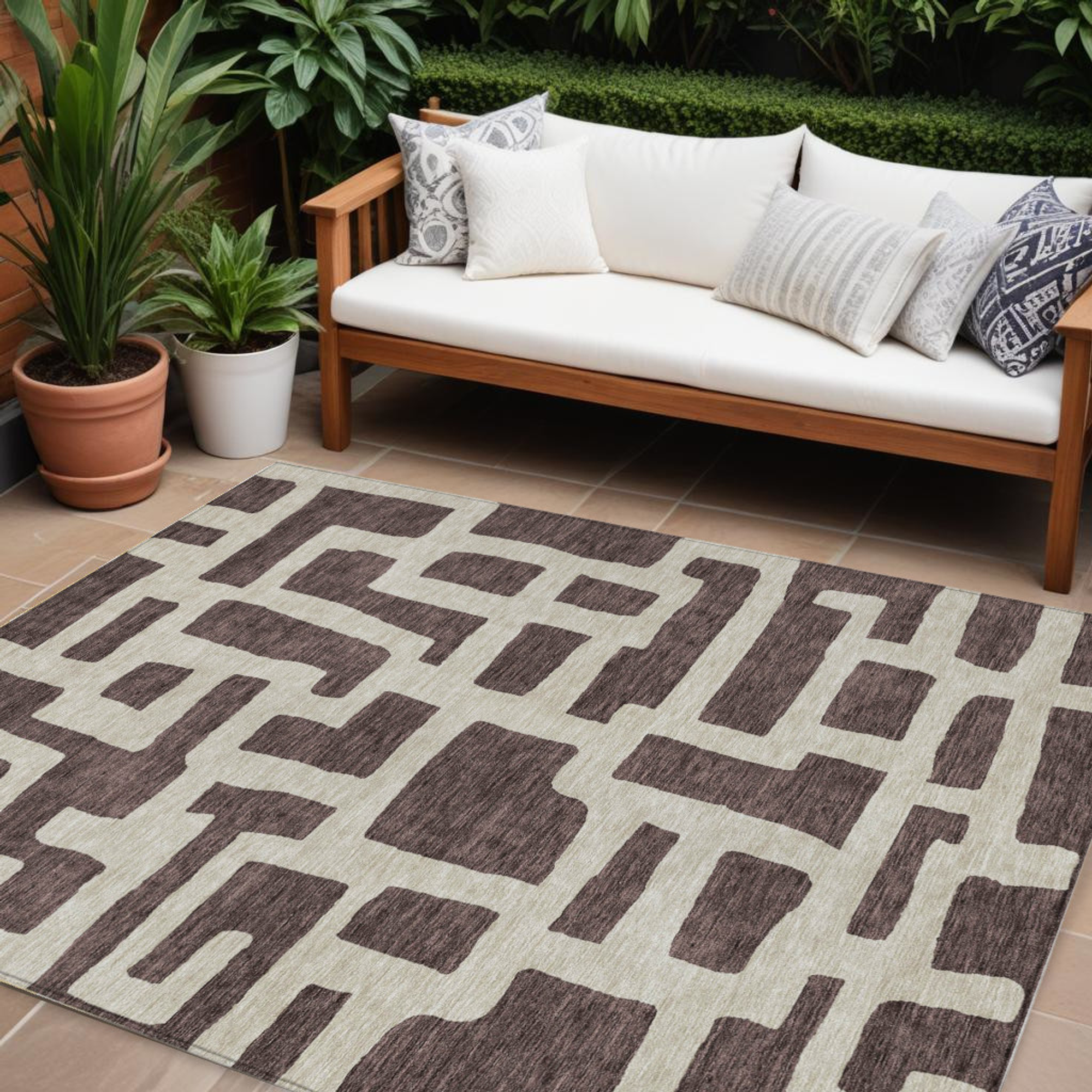 10' X 14' Brown And Beige Abstract Washable Indoor Outdoor Area Rug - 1 - Sports & Outdoor