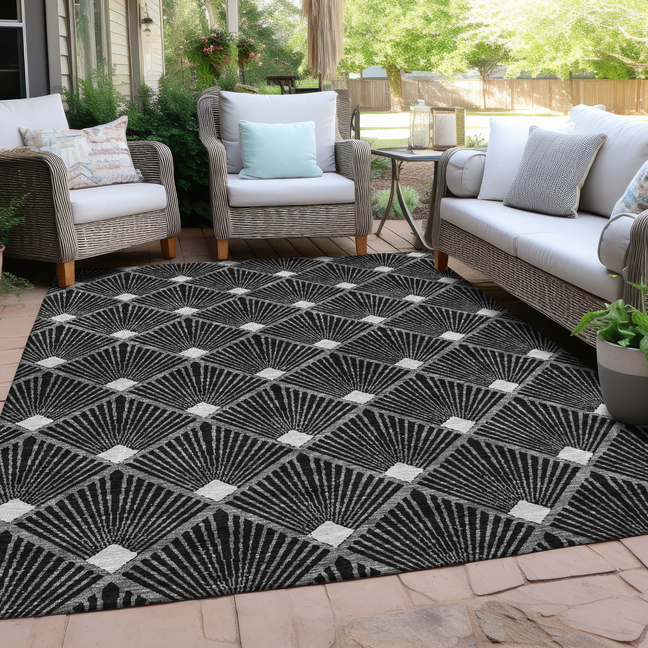 10' X 14' Black Gray And Ivory Geometric Washable Indoor Outdoor Area Rug - 1 - Sports & Outdoor