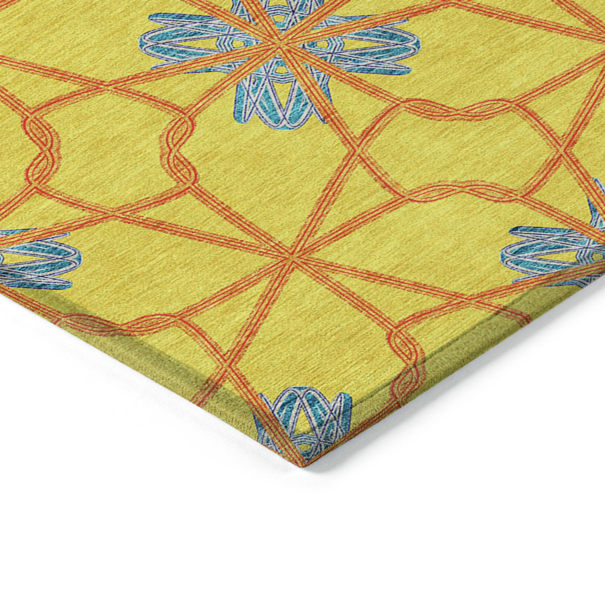 10' X 14' Yellow And Teal Blue Geometric Washable Indoor Outdoor Area Rug - 1 - Sports & Outdoor