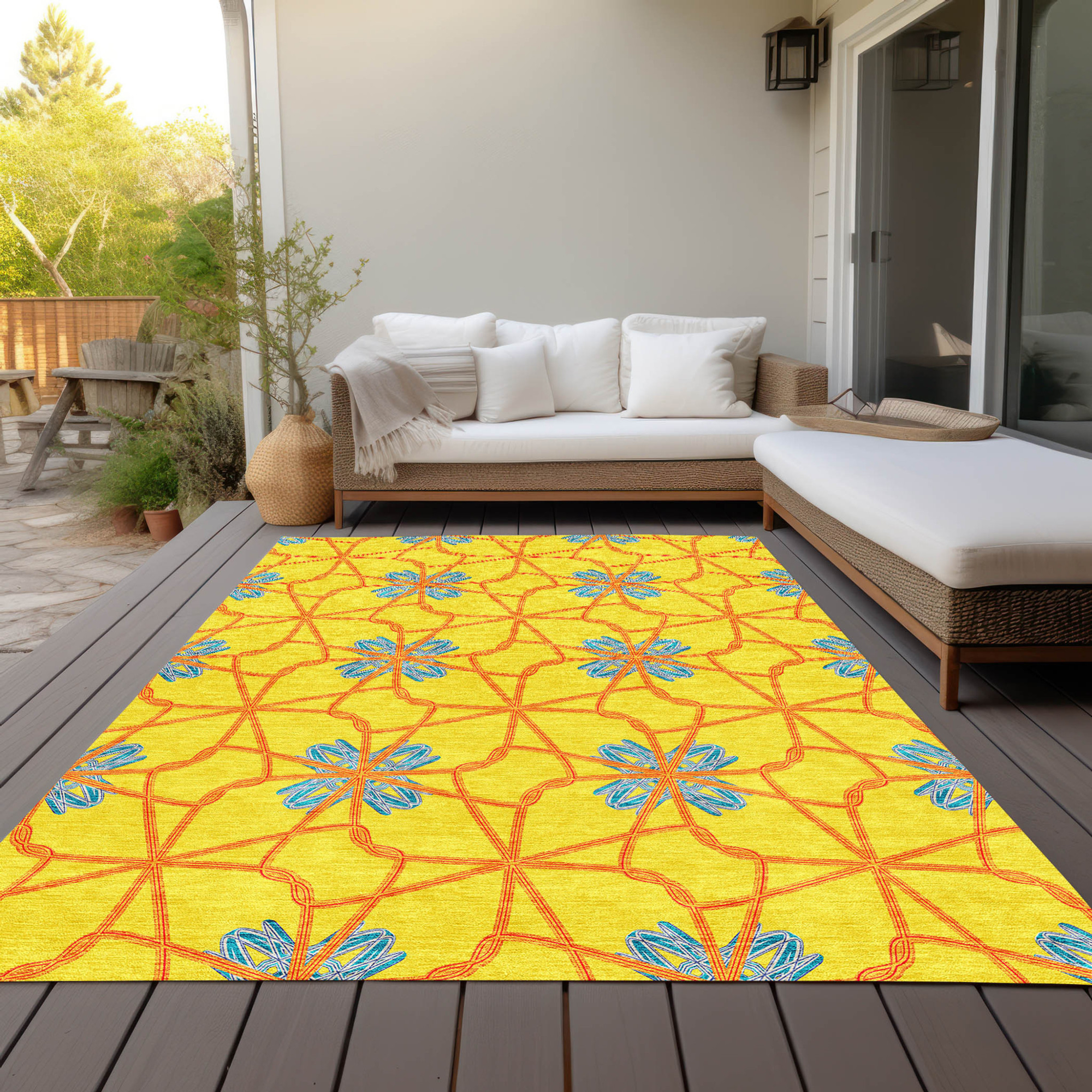 10' X 14' Yellow And Teal Blue Geometric Washable Indoor Outdoor Area Rug - 1 - Sports & Outdoor