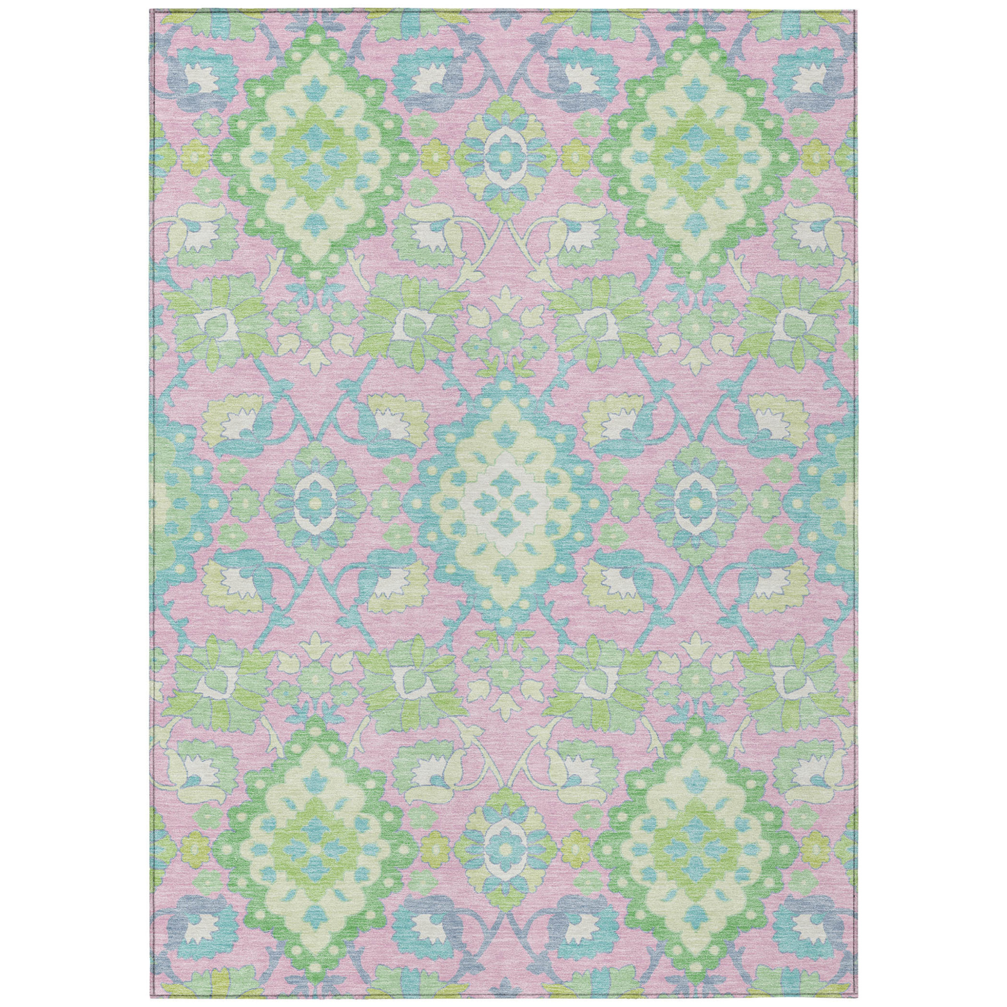 10' X 14' Pink Green And Blue Oriental Washable Indoor Outdoor Area Rug - 1 - Sports & Outdoor