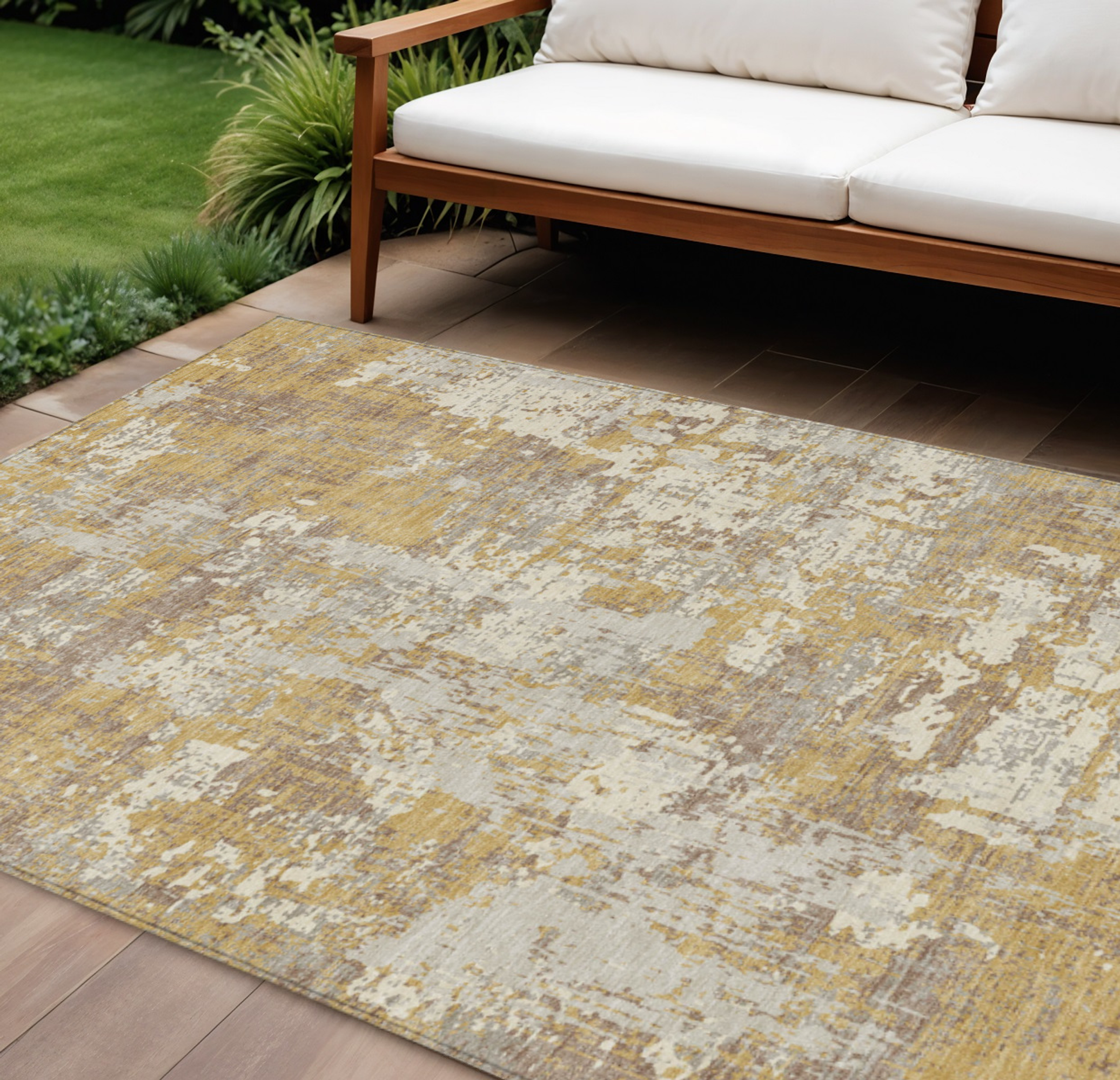 10' X 14' Gold Brown And Beige Abstract Washable Indoor Outdoor Area Rug - 1 - Sports & Outdoor