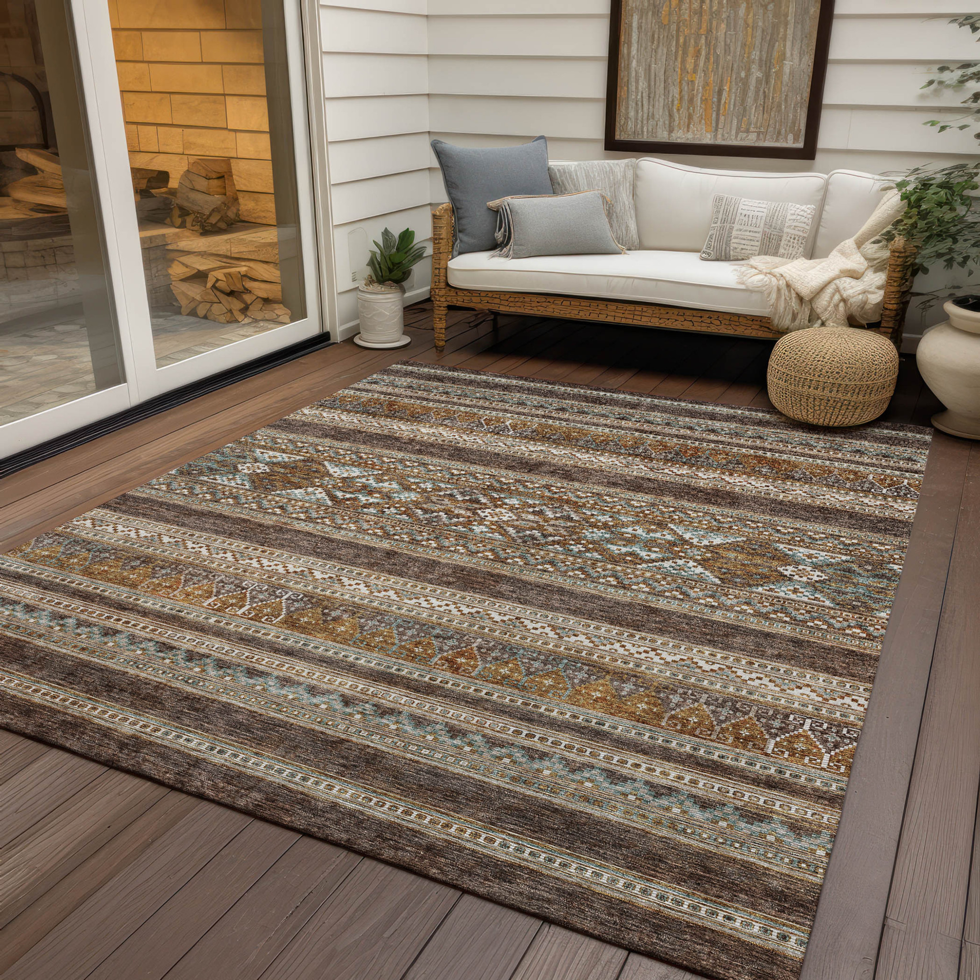 10' X 14' Chocolate And Gray Southwestern Washable Indoor Outdoor Area Rug - 1 - Sports & Outdoor