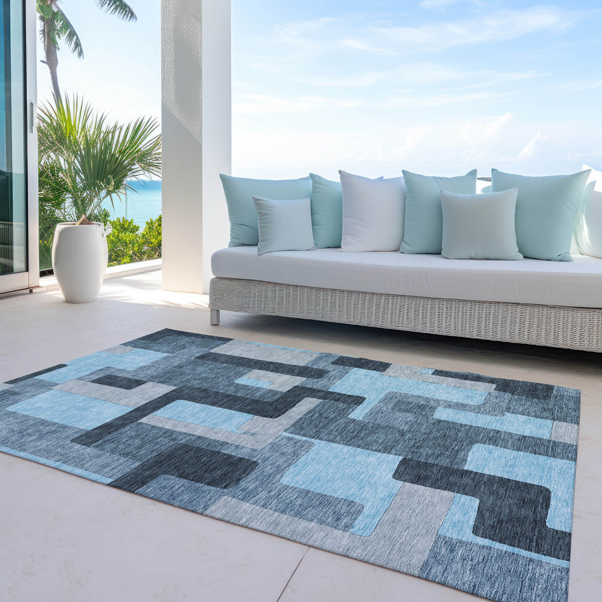 10' X 14' Sky Blue Denim Blue And Gray Geometric Washable Indoor Outdoor Area Rug - 1 - Sports & Outdoor