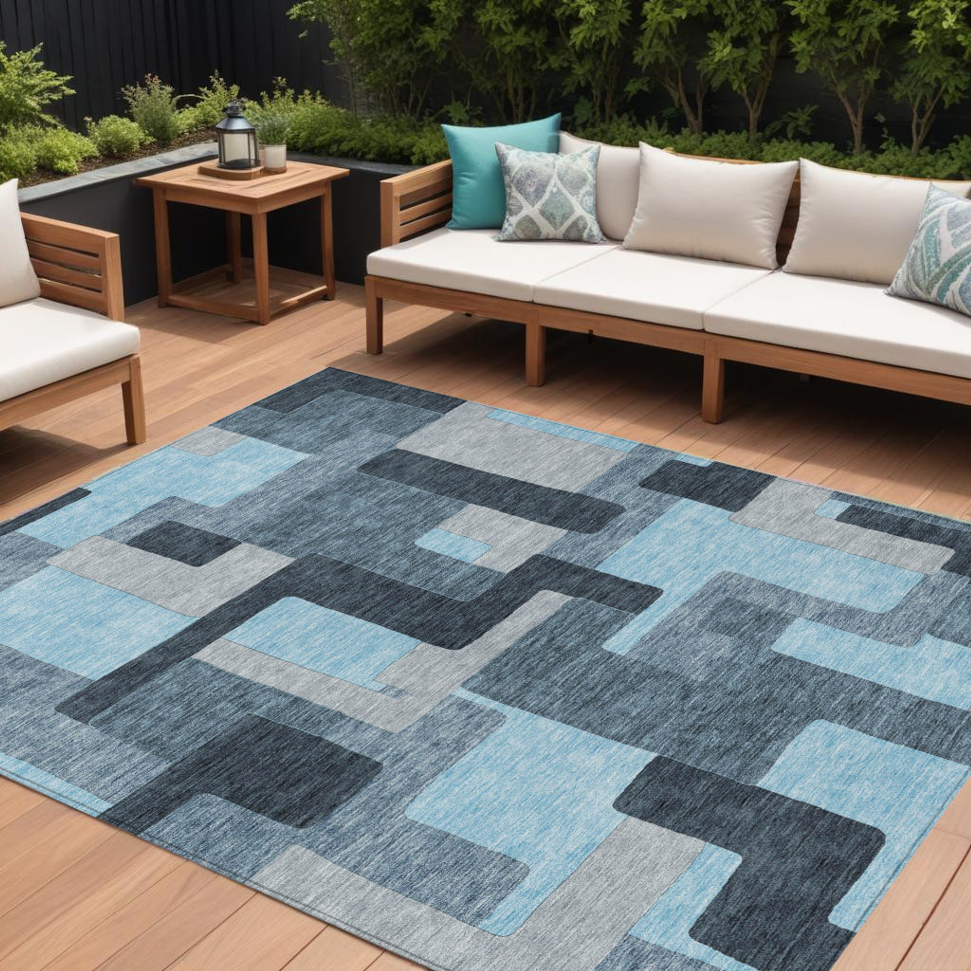 10' X 14' Sky Blue Denim Blue And Gray Geometric Washable Indoor Outdoor Area Rug - 1 - Sports & Outdoor
