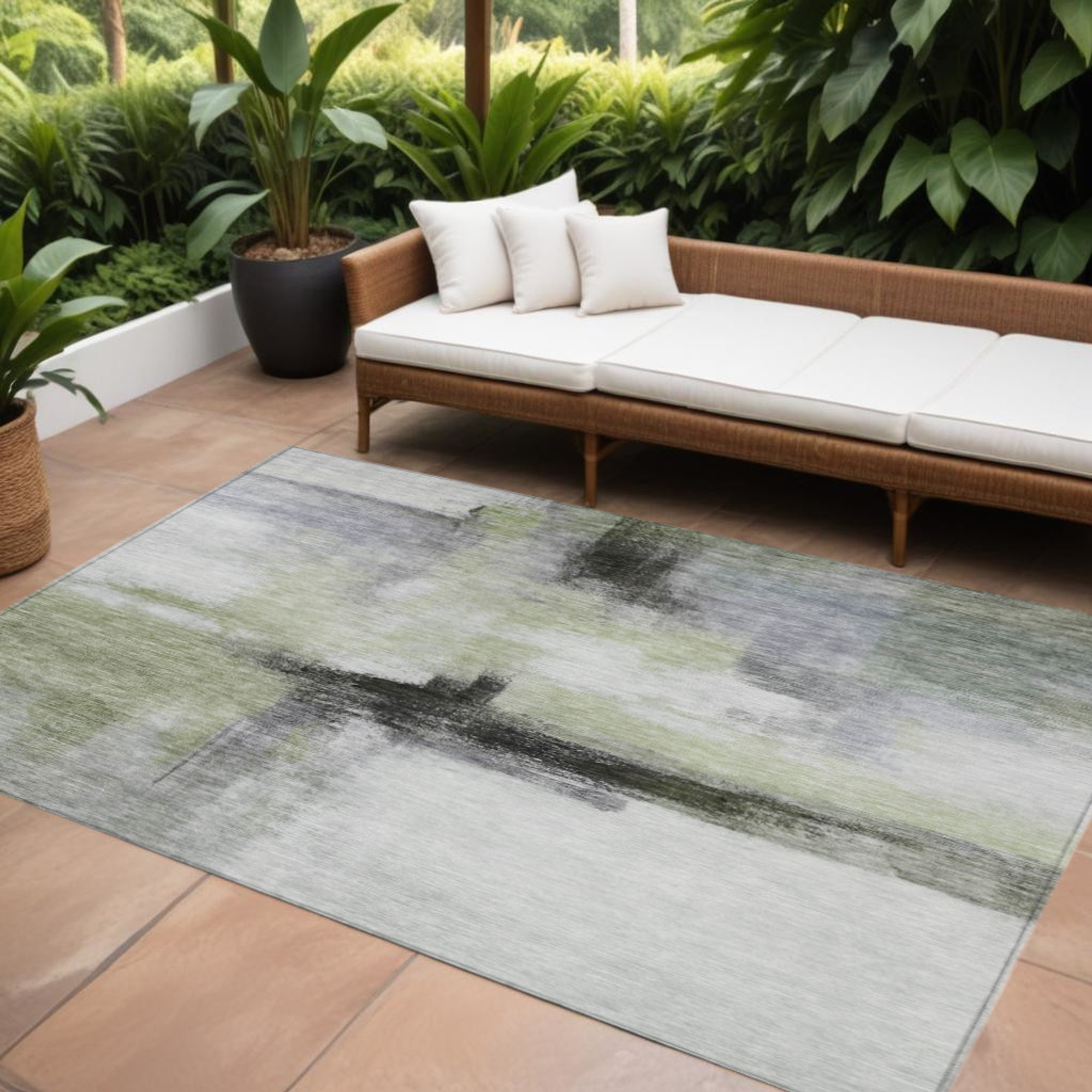 10' X 14' Sage Black And Gray Abstract Washable Indoor Outdoor Area Rug - 1 - Sports & Outdoor
