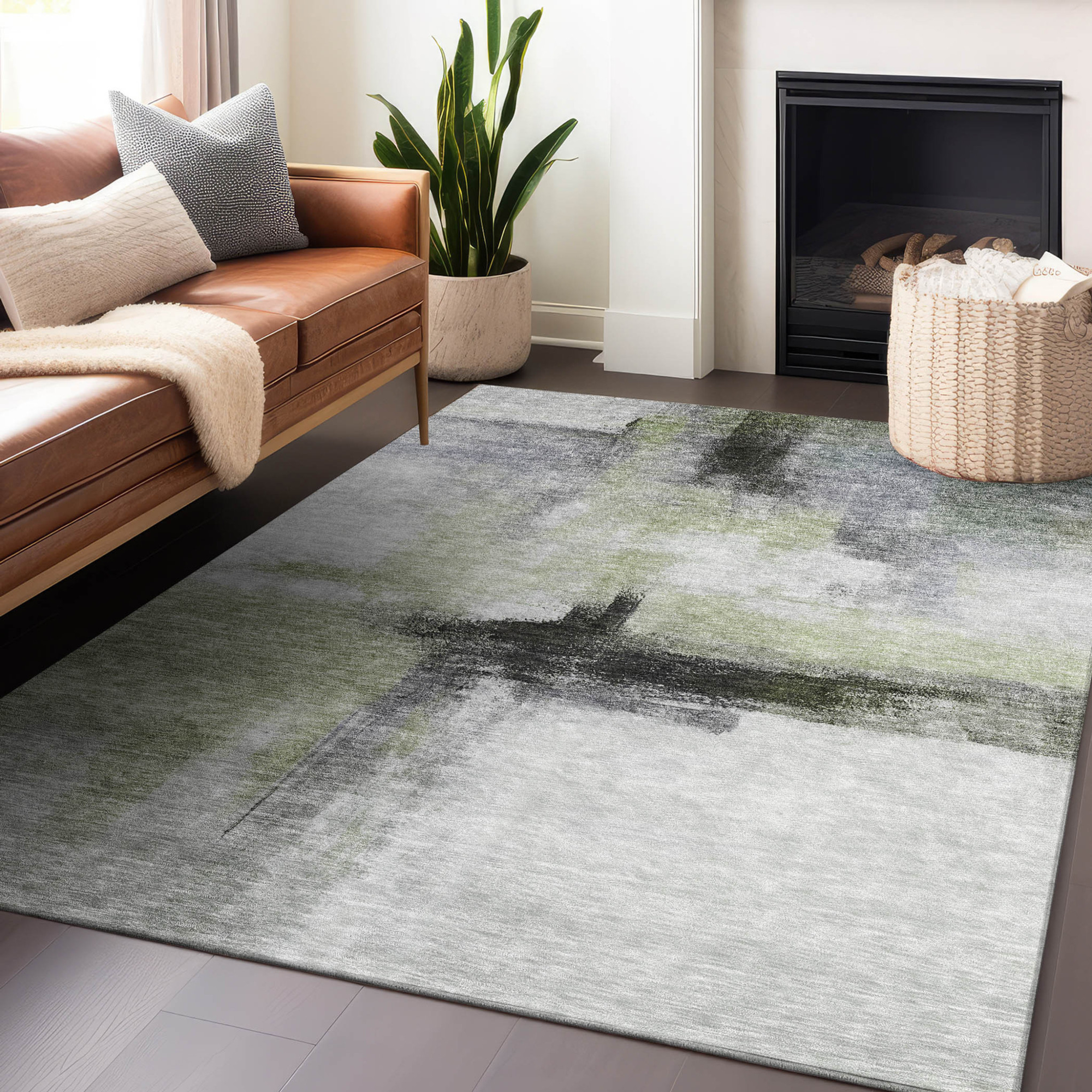 10' X 14' Sage Black And Gray Abstract Washable Indoor Outdoor Area Rug - 1 - Sports & Outdoor