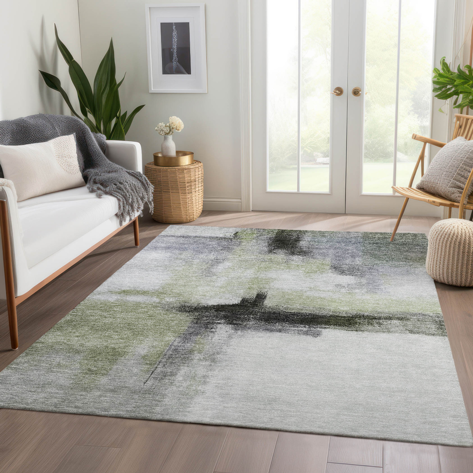 10' X 14' Sage Black And Gray Abstract Washable Indoor Outdoor Area Rug - 1 - Sports & Outdoor