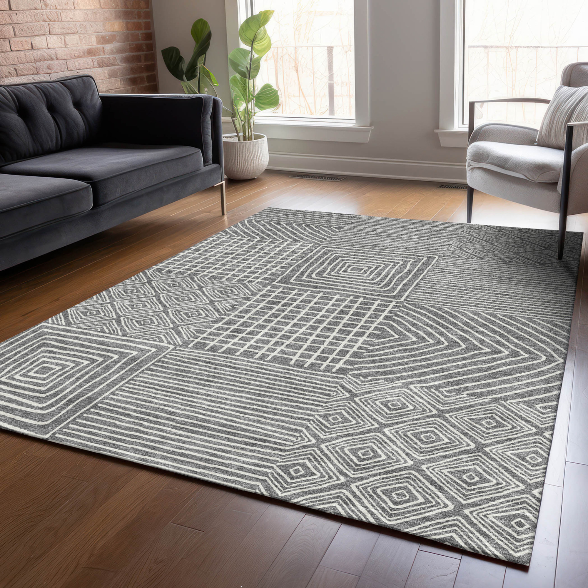 10' X 14' Charcoal And Ivory Geometric Washable Indoor Outdoor Area Rug - 1 - Sports & Outdoor